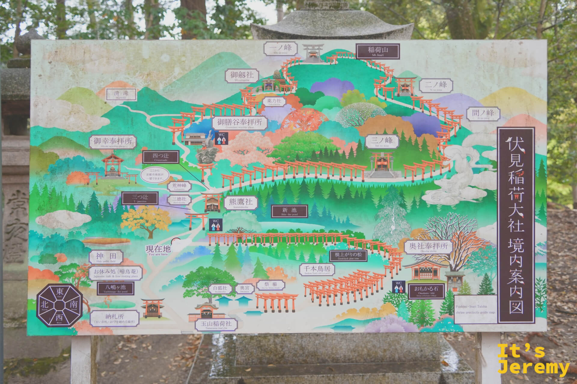 境內地圖，顯示整座稻荷山的路線與各停靠點