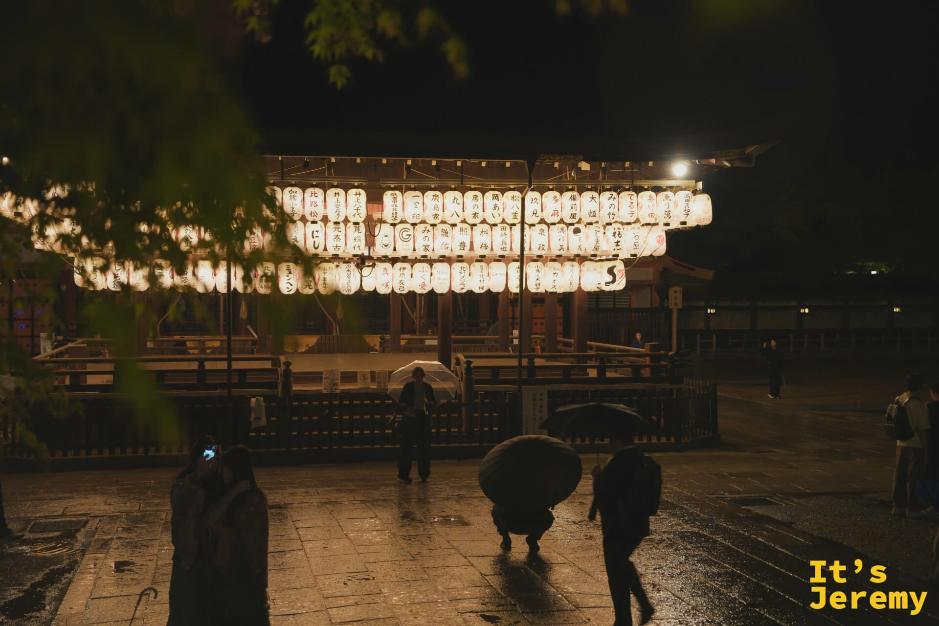透過樹葉前景拍舞殿燈籠，雨夜霧氣讓畫面更有層次