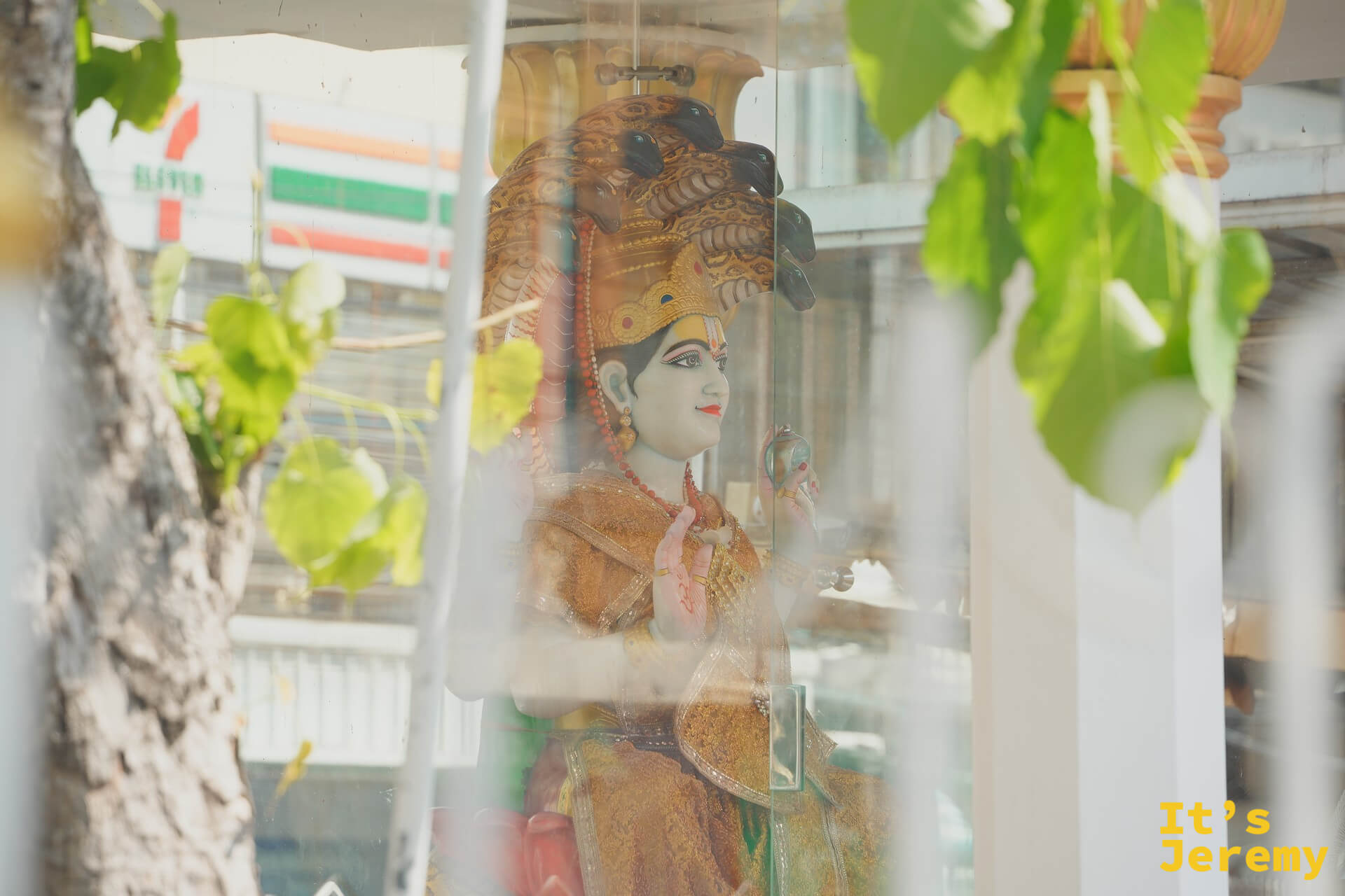 Devasathan 印度教大寺的玻璃櫥窗內，戴紅色頭飾的女神像被綠葉與玻璃倒影包圍