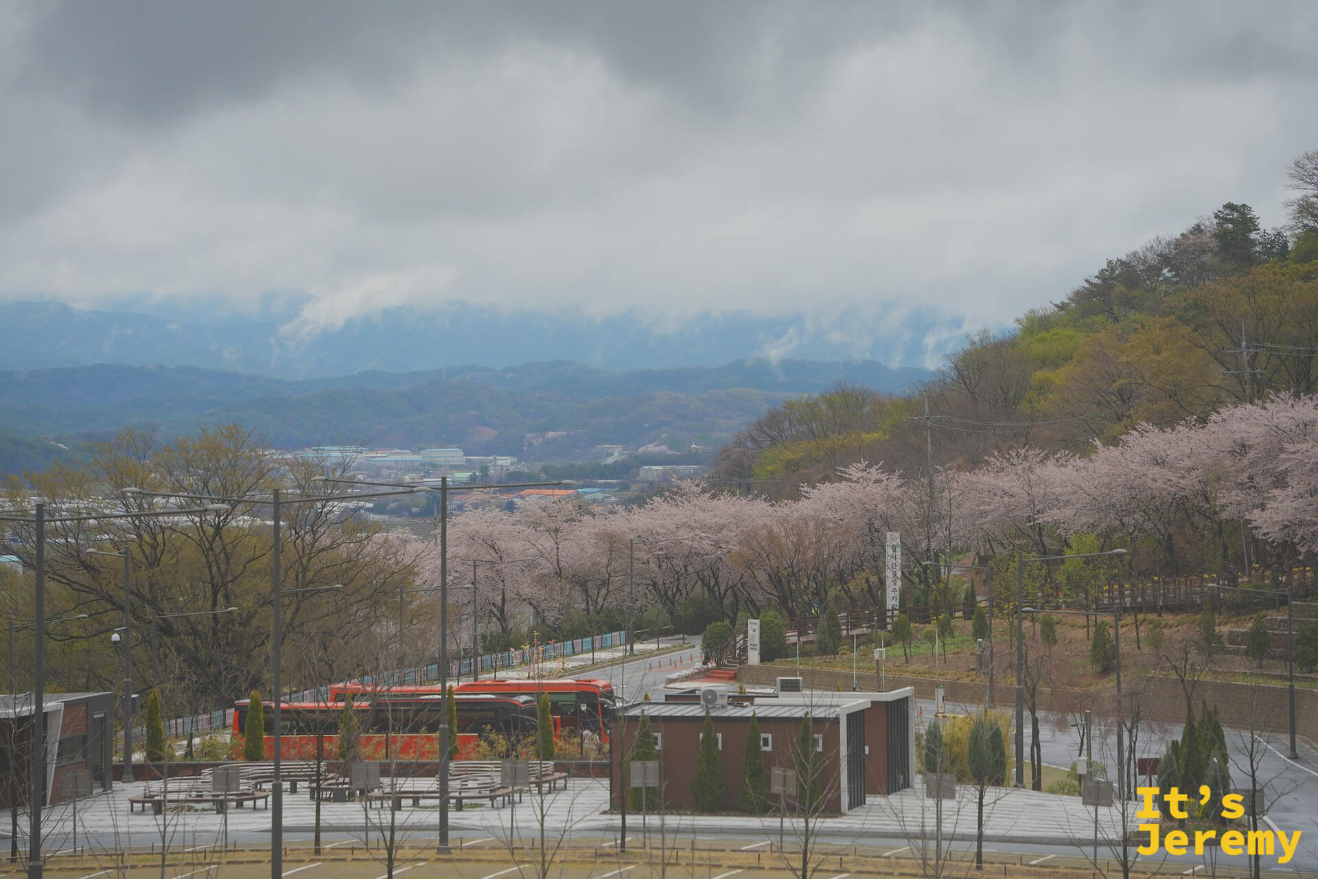從半山腰俯瞰月牙山公園全景，紅色觀光巴士、粉色花列與遠處被雲霧包覆的山脊