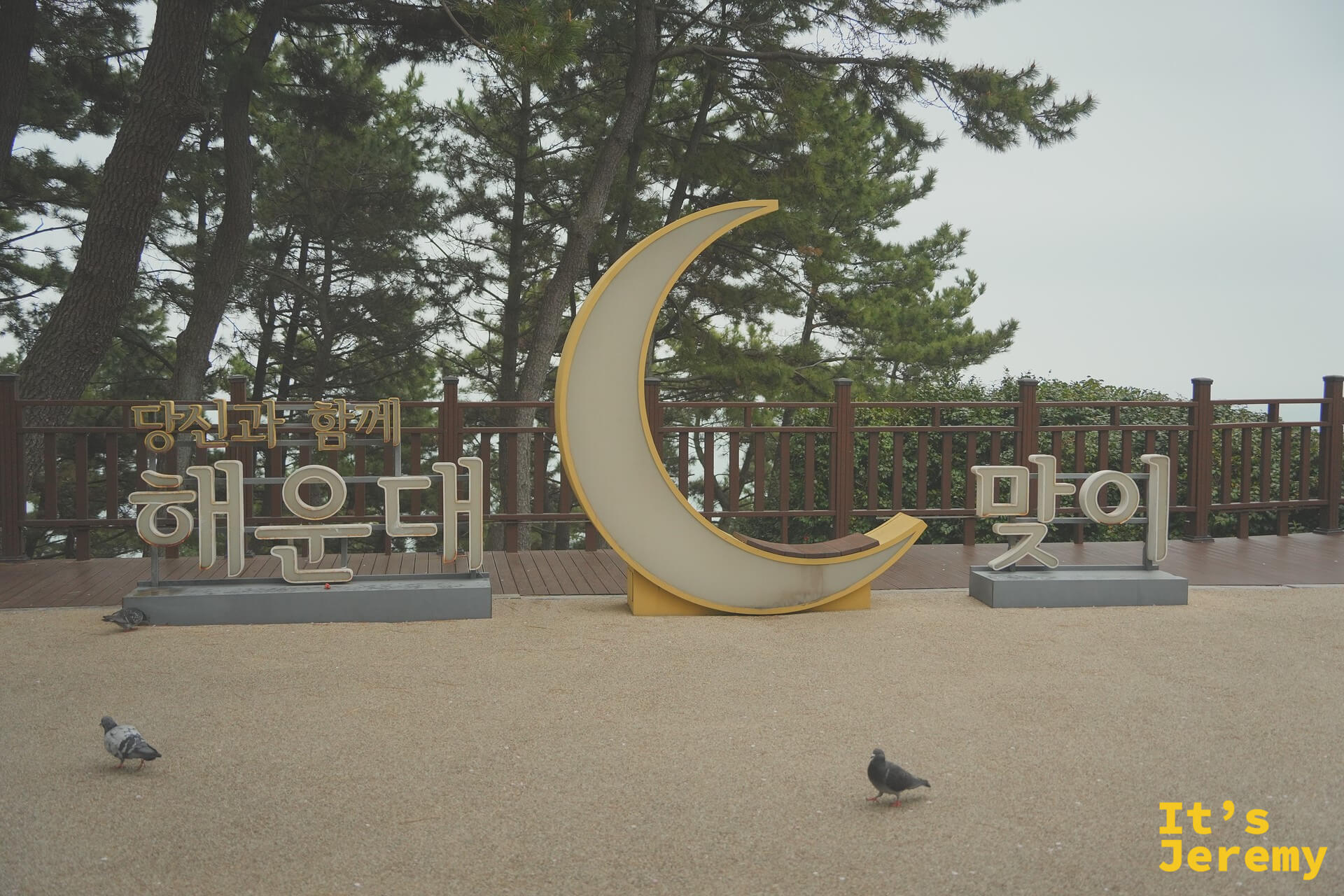 海雲台달맞이迎月路的黃色月牙形地標裝置，兩側寫著「당신과 함께 해운대 맞이」，地面沙粒上站著兩隻鴿子