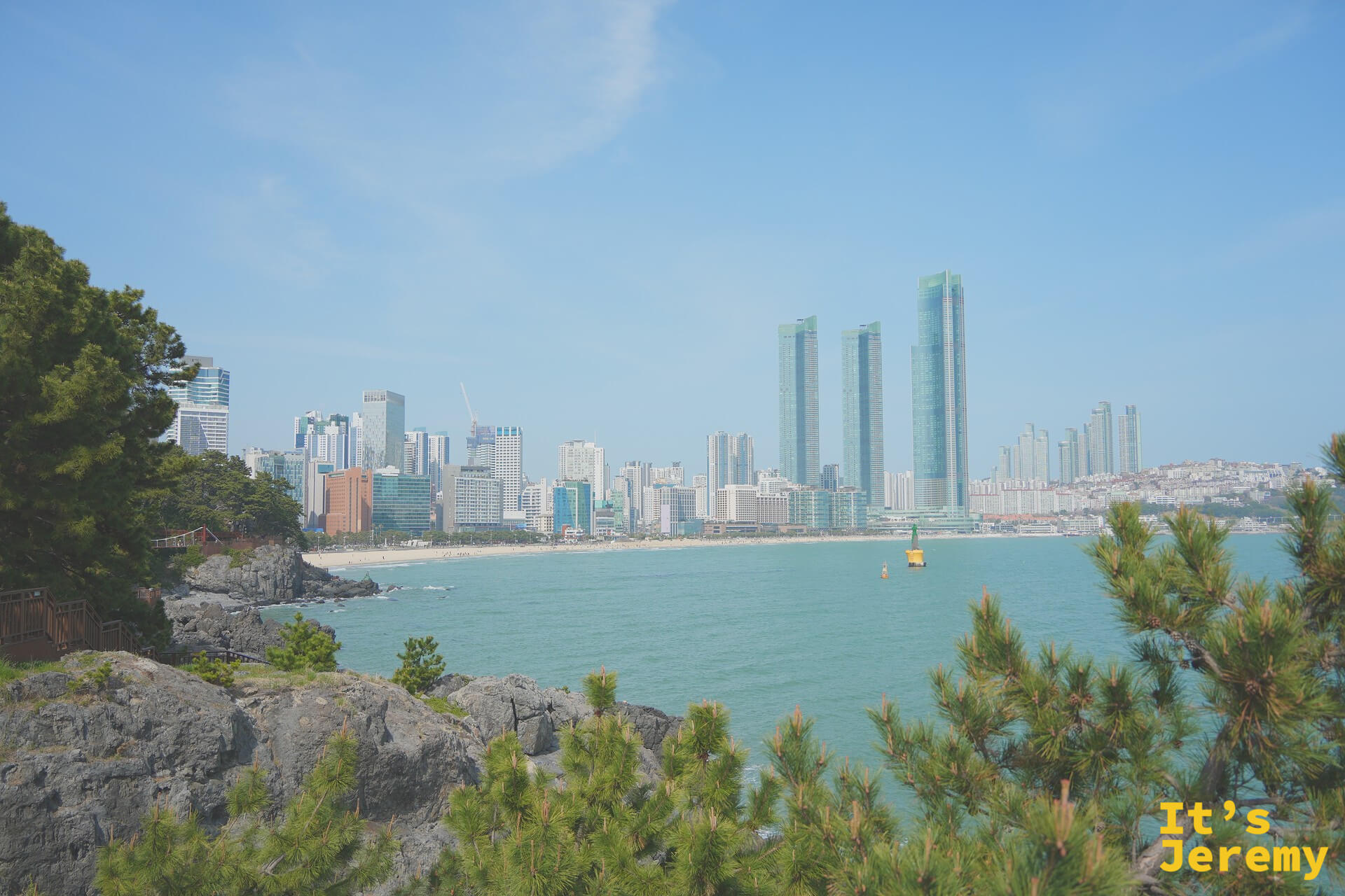 透過松林望向海雲臺天際線，前景是冬柏島的岩石岬角