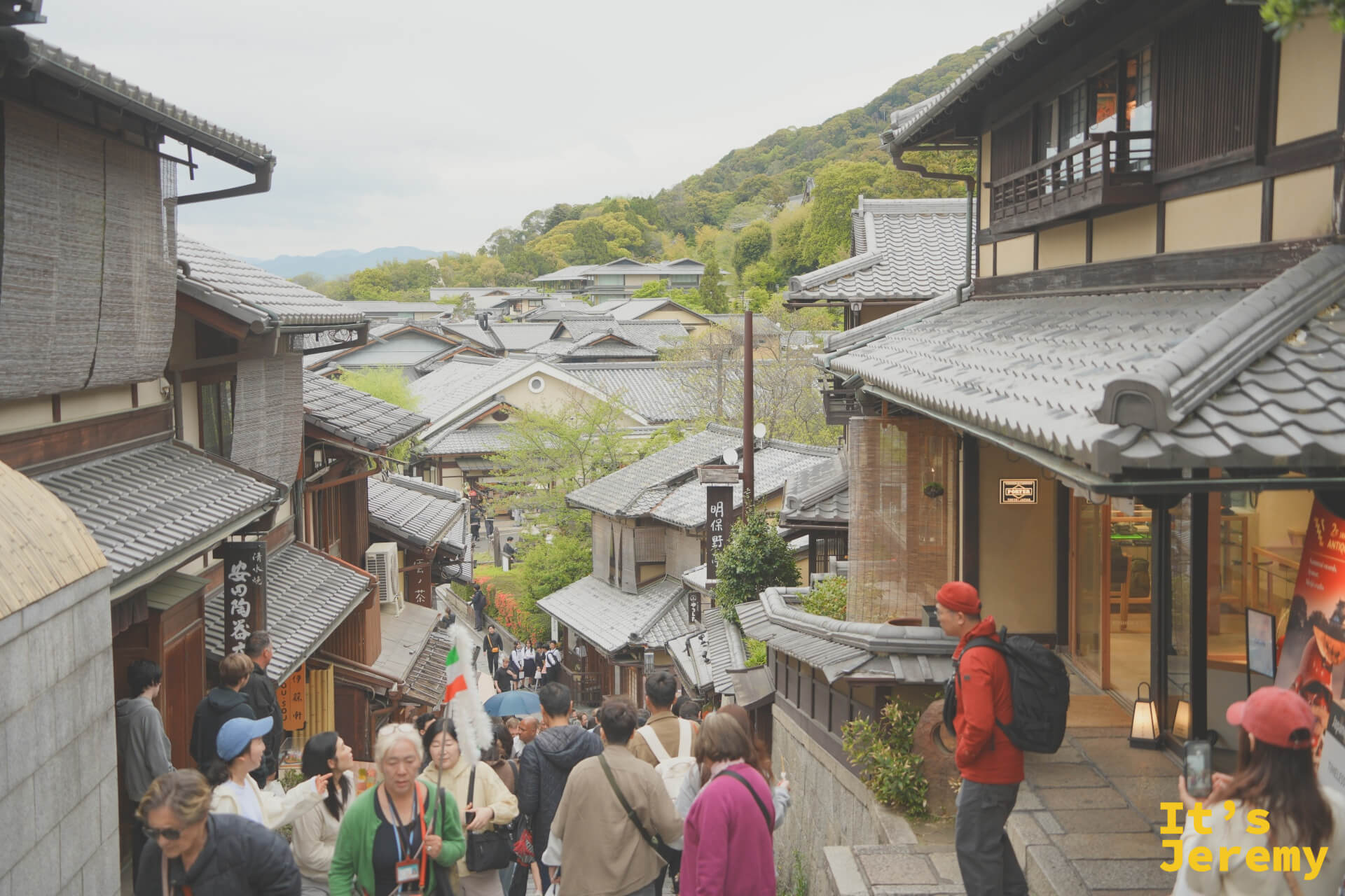 從清水坂高處俯瞰東山老街連綿的屋瓦與遠山