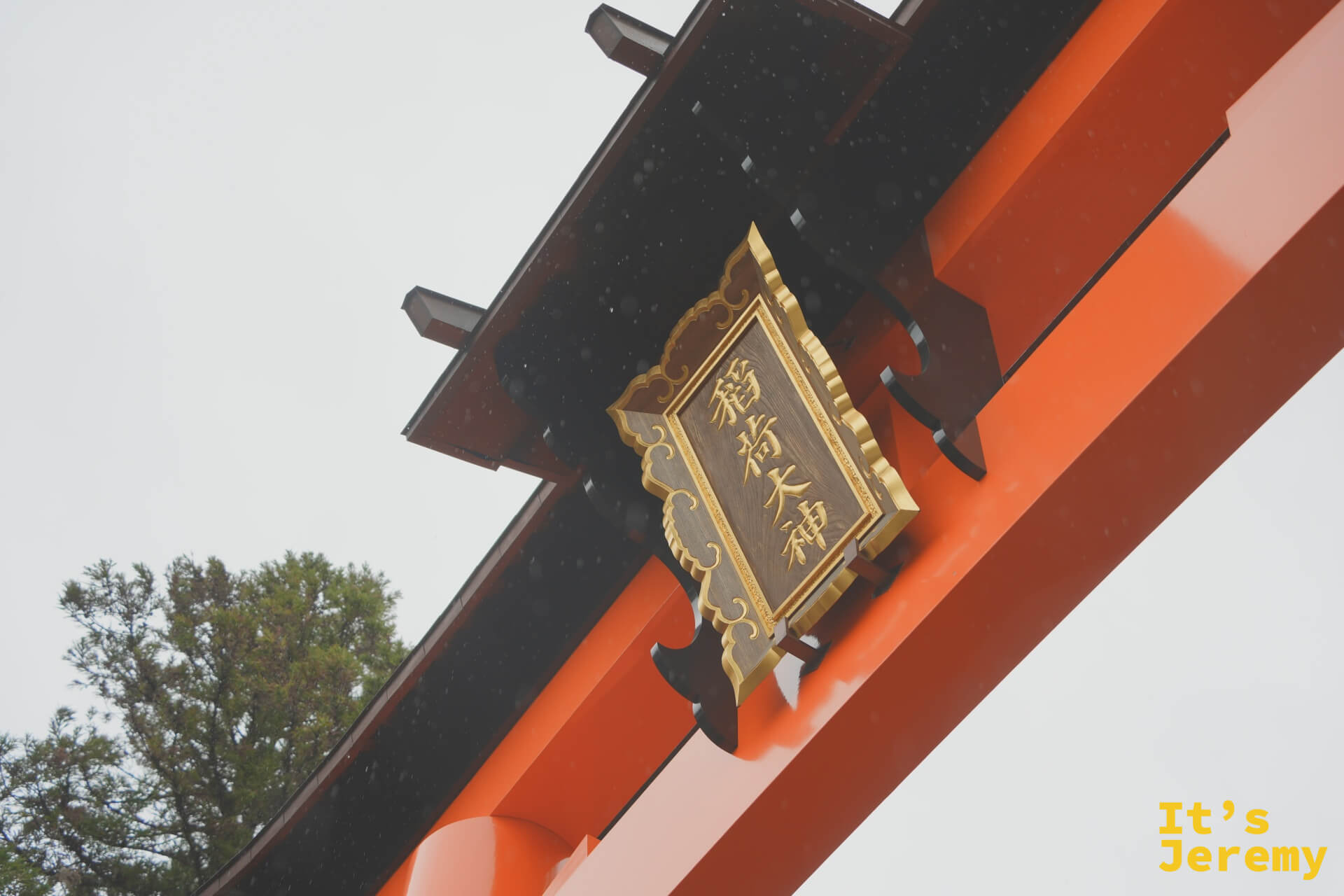 鳥居橫樑上掛著「稲荷大神」金色牌匾，雨滴打在朱紅漆面上，細節極美