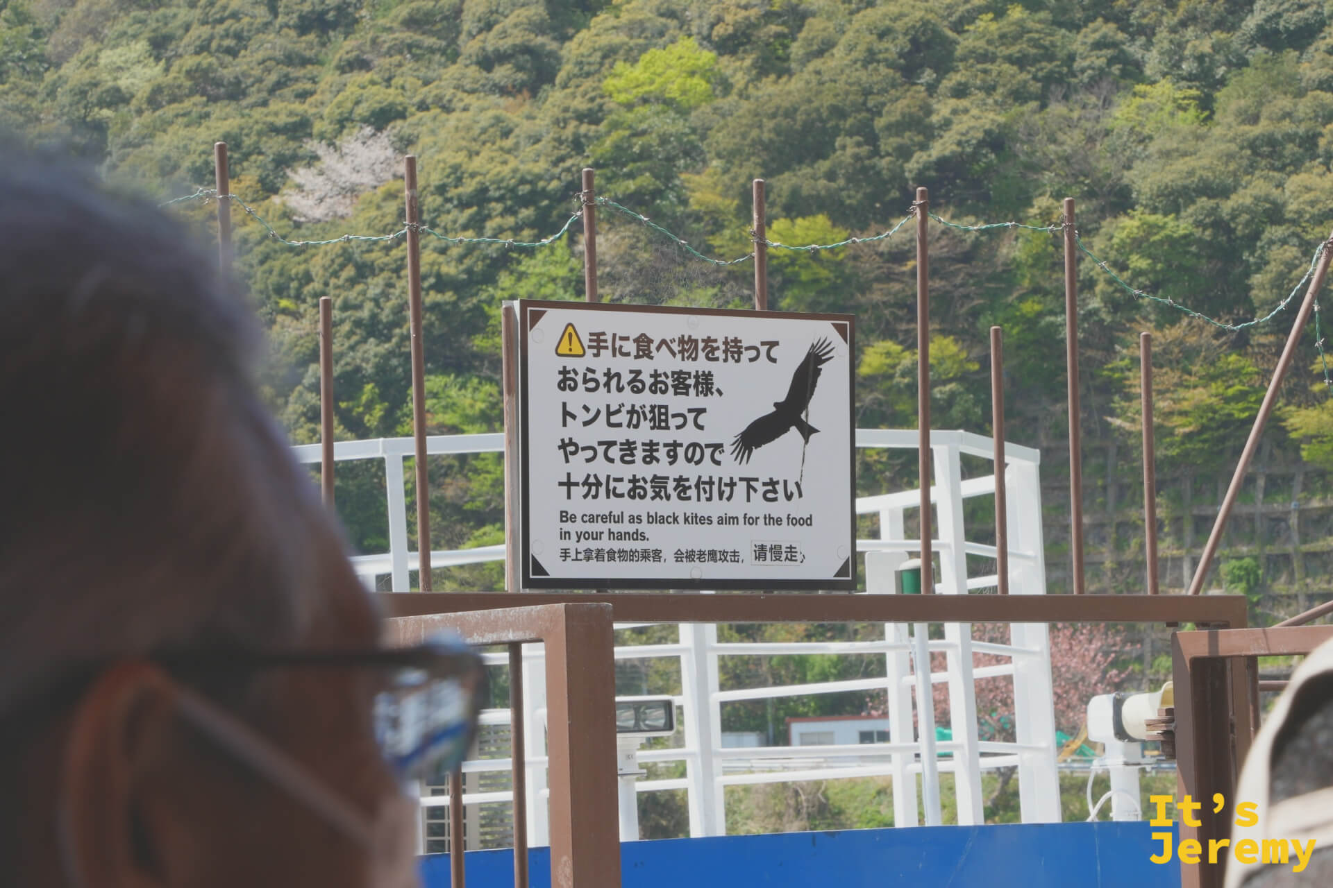 トンビに注意の警告板