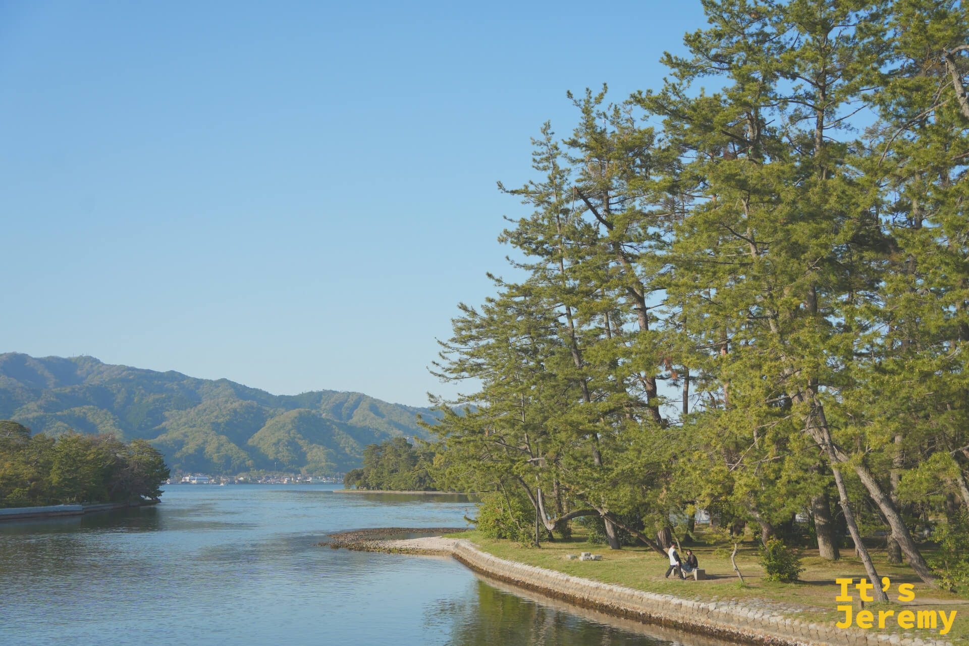 天橋立砂洲の松林の端、宮津湾、二人が草地に座る