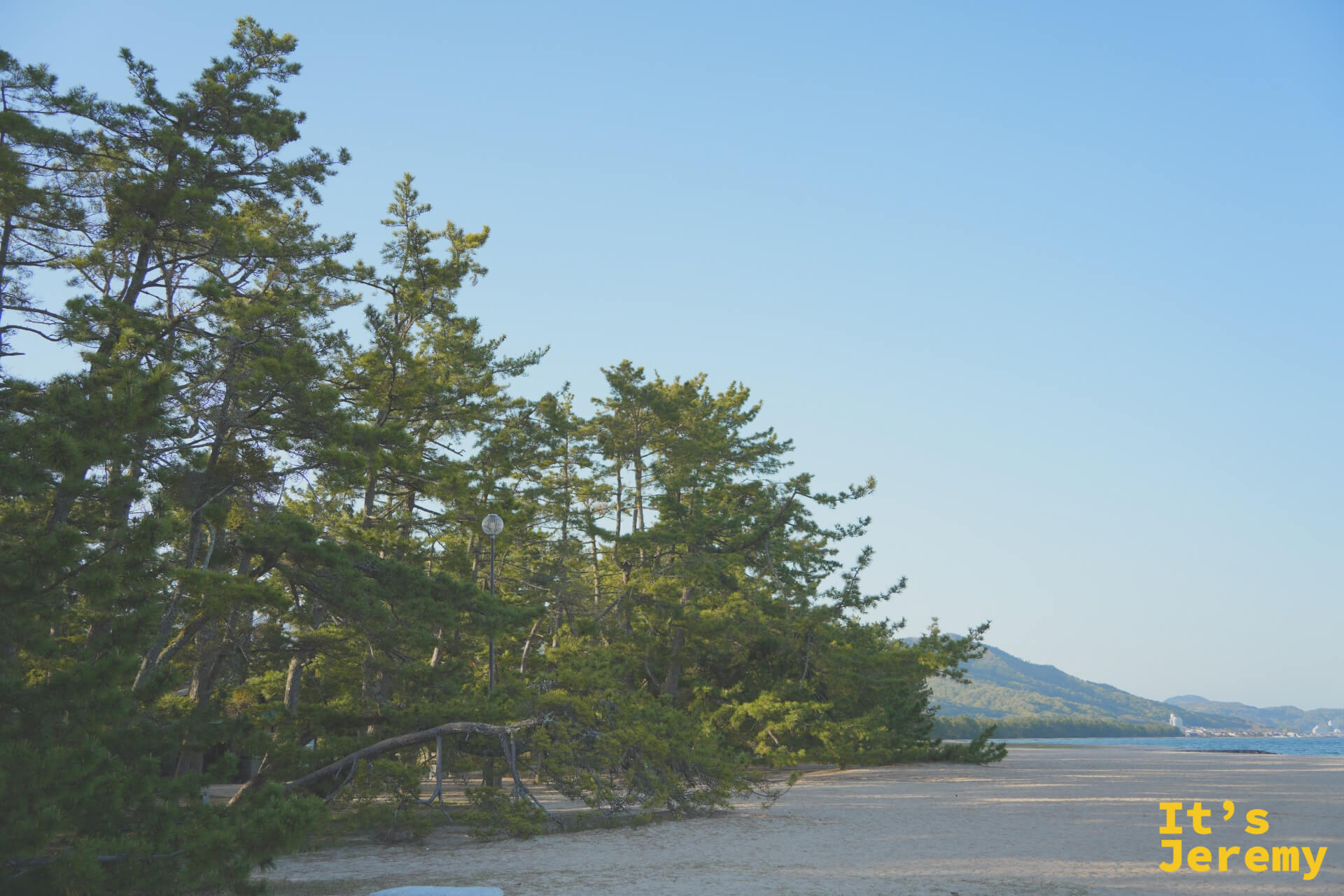 砂洲の端、白い砂浜と松の木、対岸の山