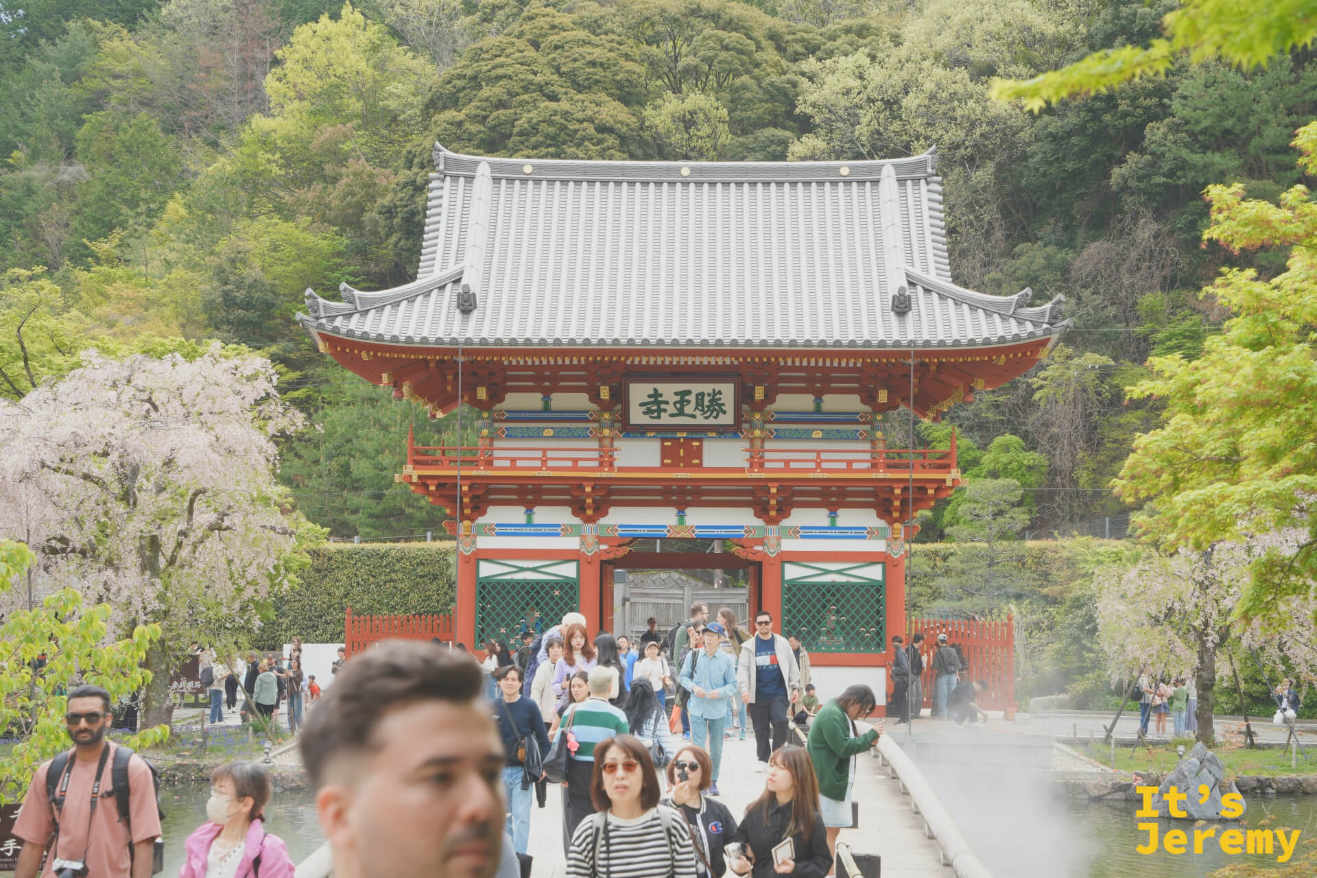 從內側回望山門,遊客穿梭其中