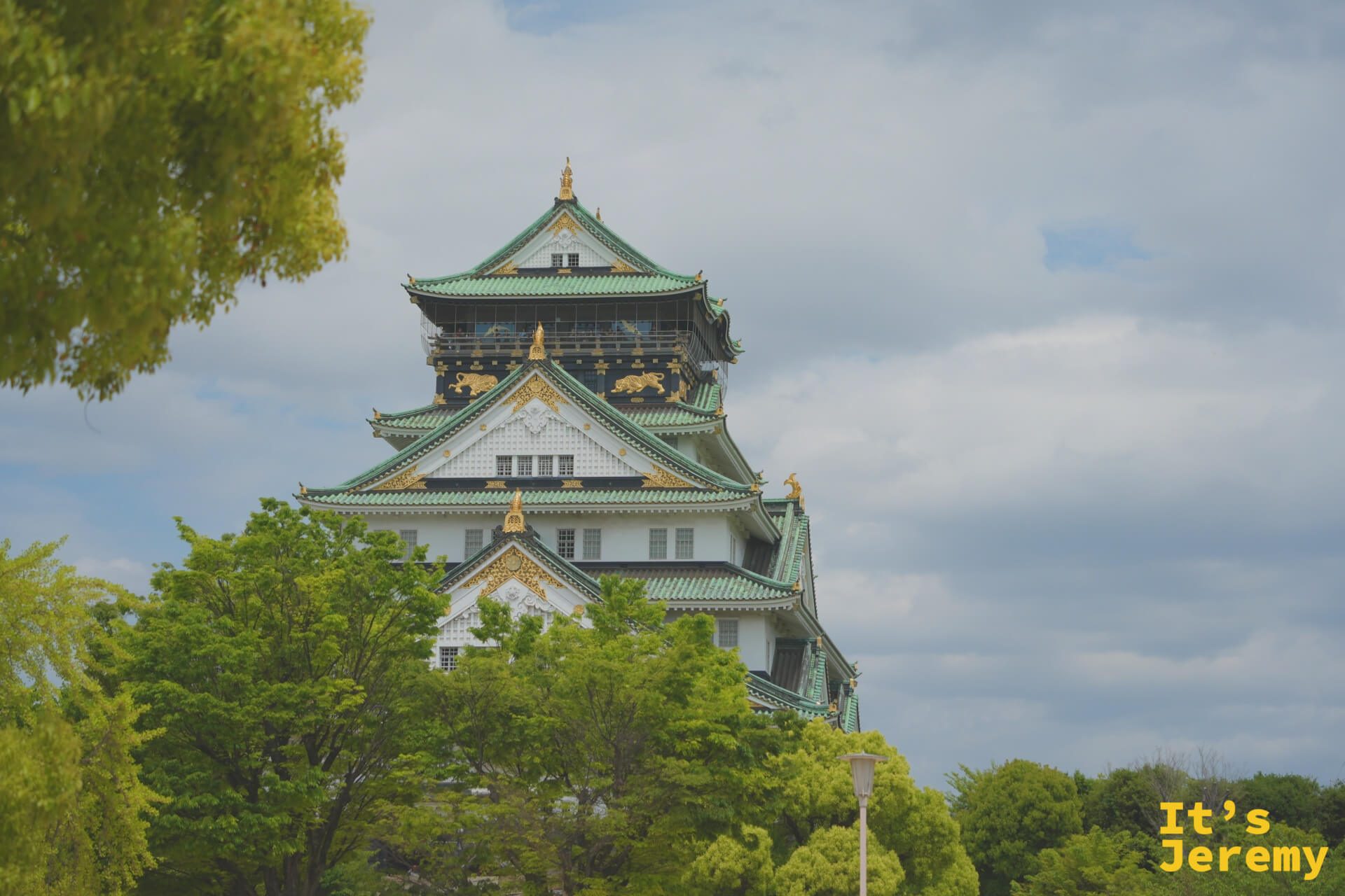 從公園樹叢縫隙看去，翠葉把天守閣頂層框在裡頭
