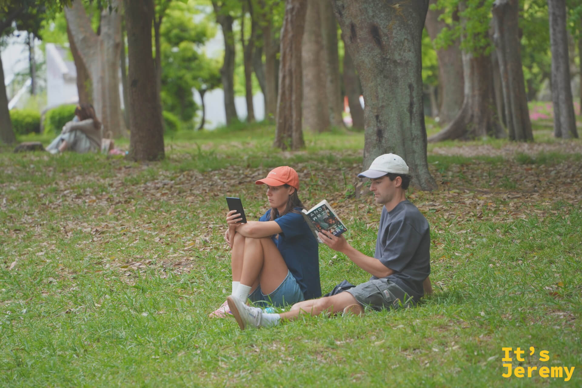 兩人坐在公園草地的樹蔭下,一人看手機、一人看書