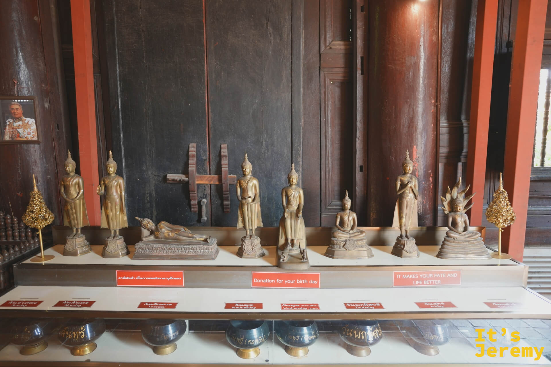 盼道寺七尊生日佛展示台，標示一週七天守護佛的不同姿勢與祈福托缽