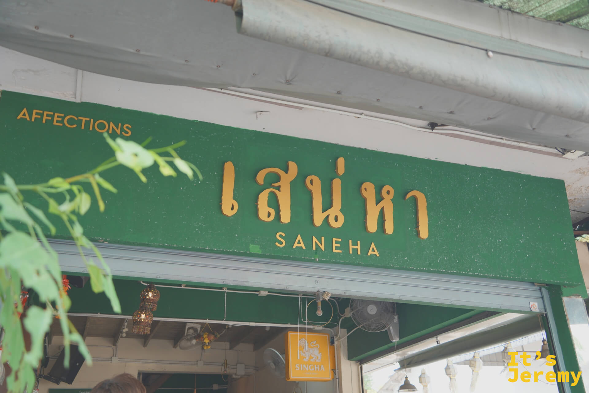 SANEHA เสน่หา 深綠底金字招牌,樹葉微微垂入畫面