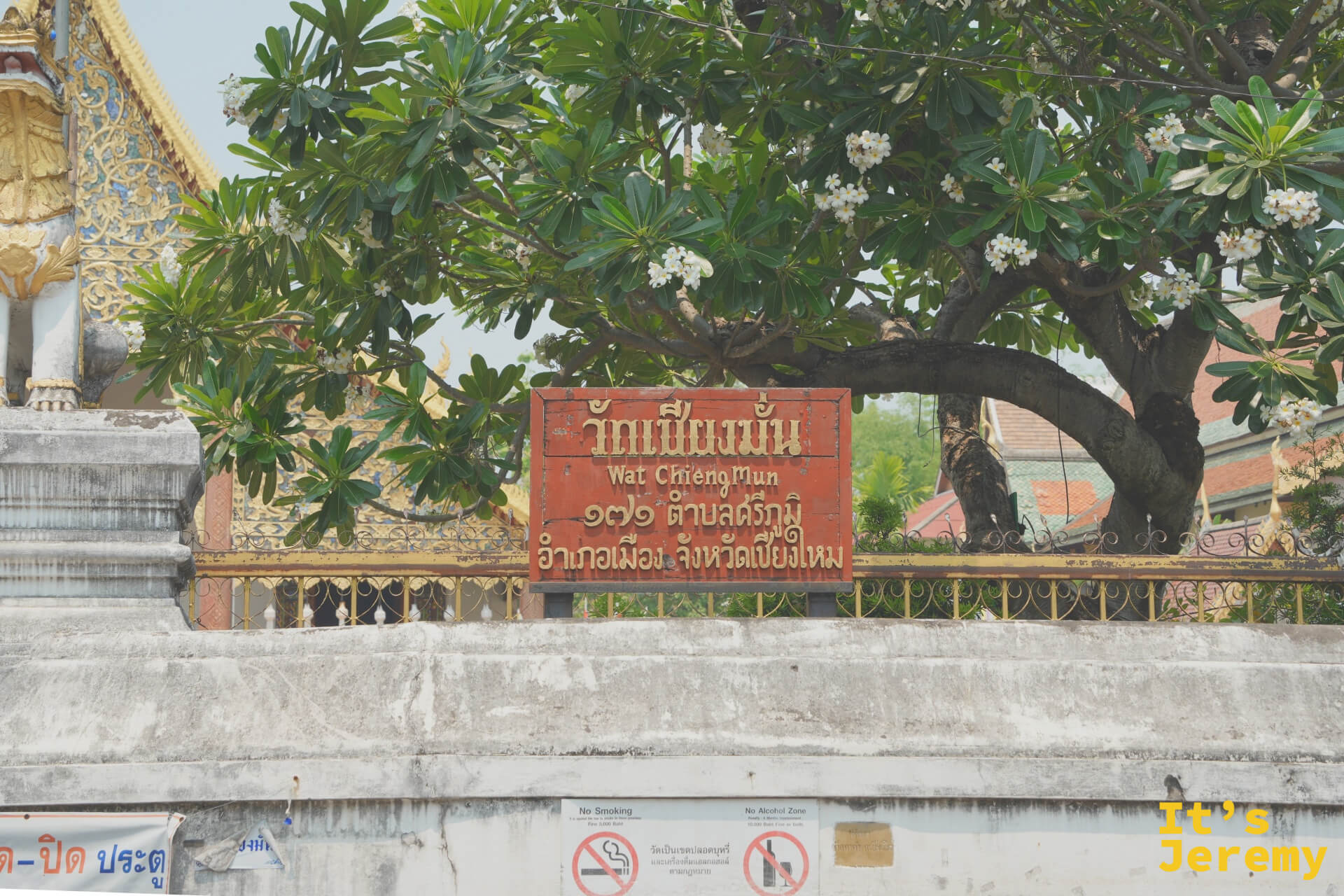 清曼寺立牌,石牆上清楚標示 Wat Chiang Man 與地址