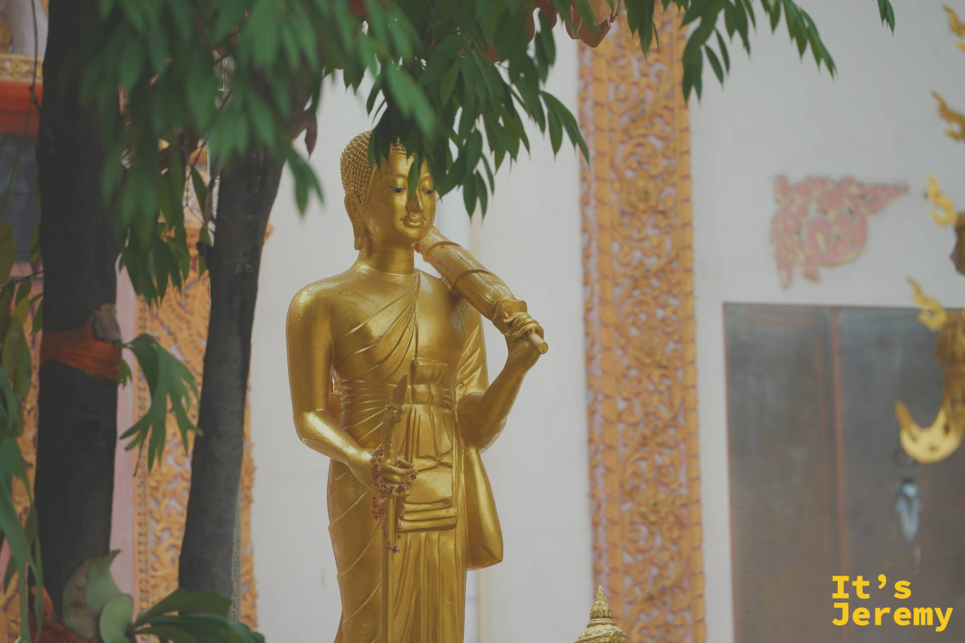 金色立佛持錫杖，站立於白色廟牆前，樹葉在頭頂形成自然背景