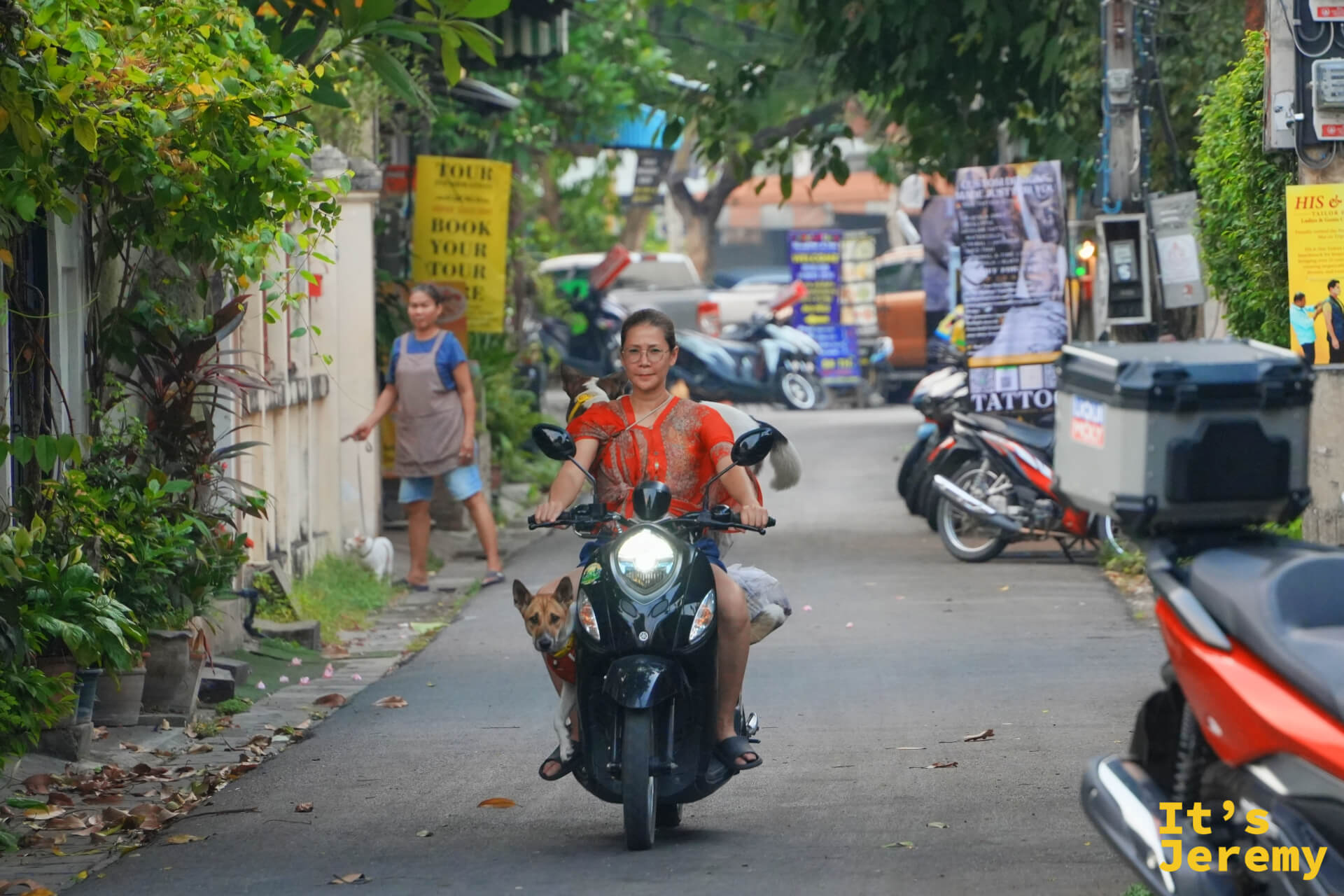 清邡古城巷弄,一名女子騎著摩托車,懷裡抱著一隻小狗,兩側建築在午後陽光下安靜