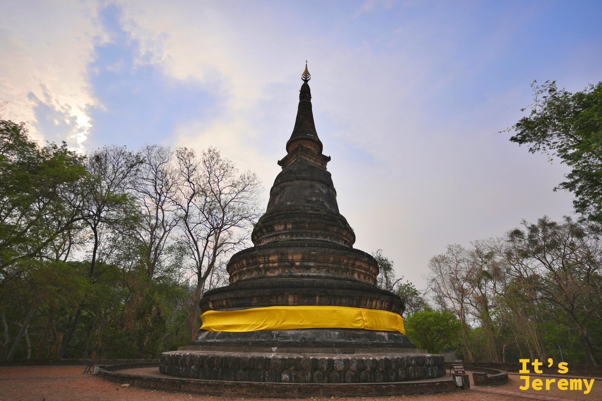 主塔 Chedi 在落葉大樹環繞中,塔身纏黃布,傍晚天色