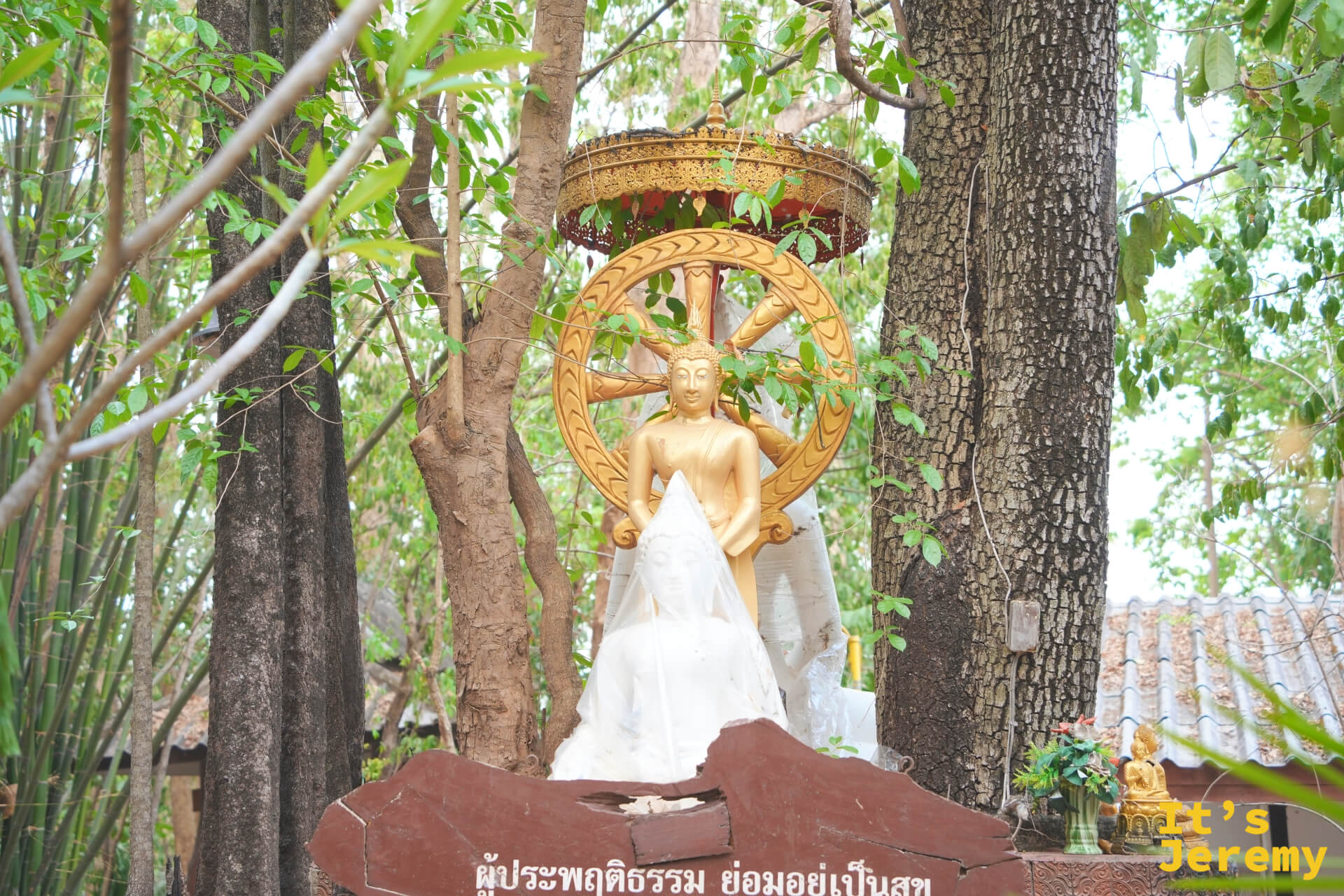 金白色佛像站在台座上,背後飾有法輪光圈