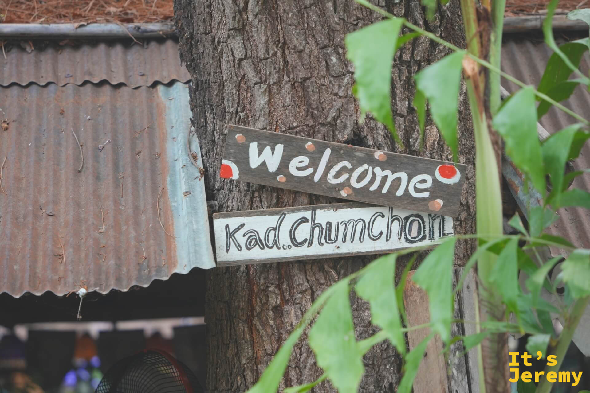 樹幹上釘著手寫木牌「Welcome Kad Chumchon」,後方是鐵皮棚頂