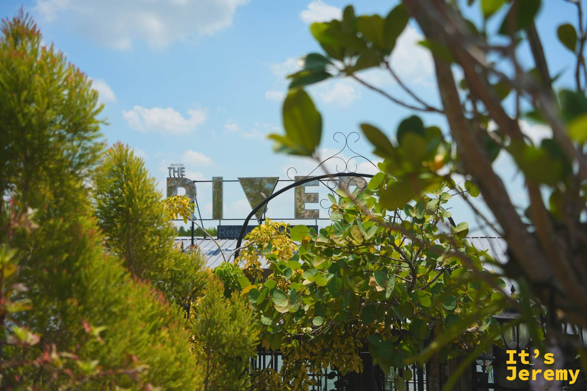 從入口植物叢中看向 The River 招牌