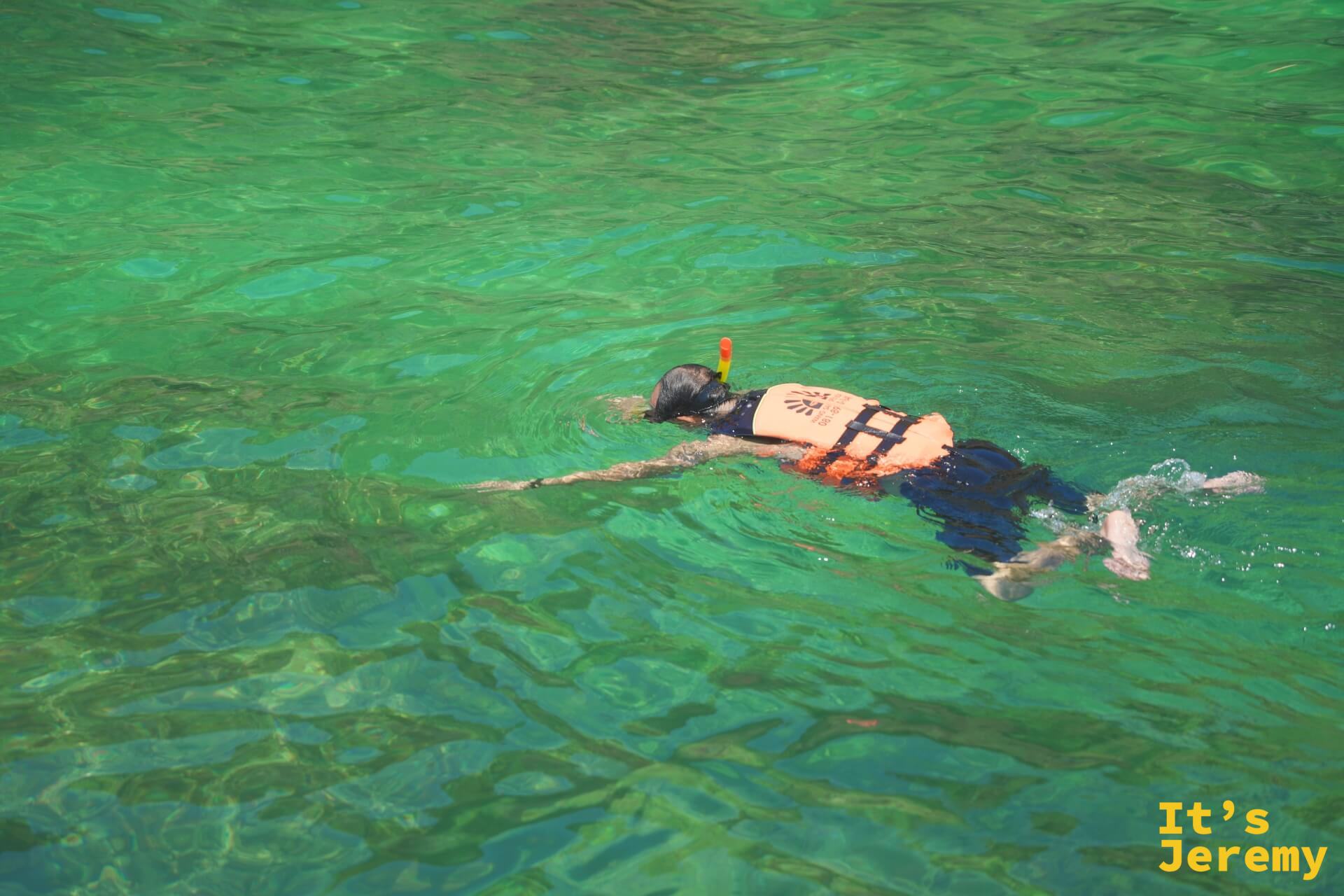 穿著橘色救生衣和浮潛裝備的旅人，在雞島翡翠綠的海水中自在漂游