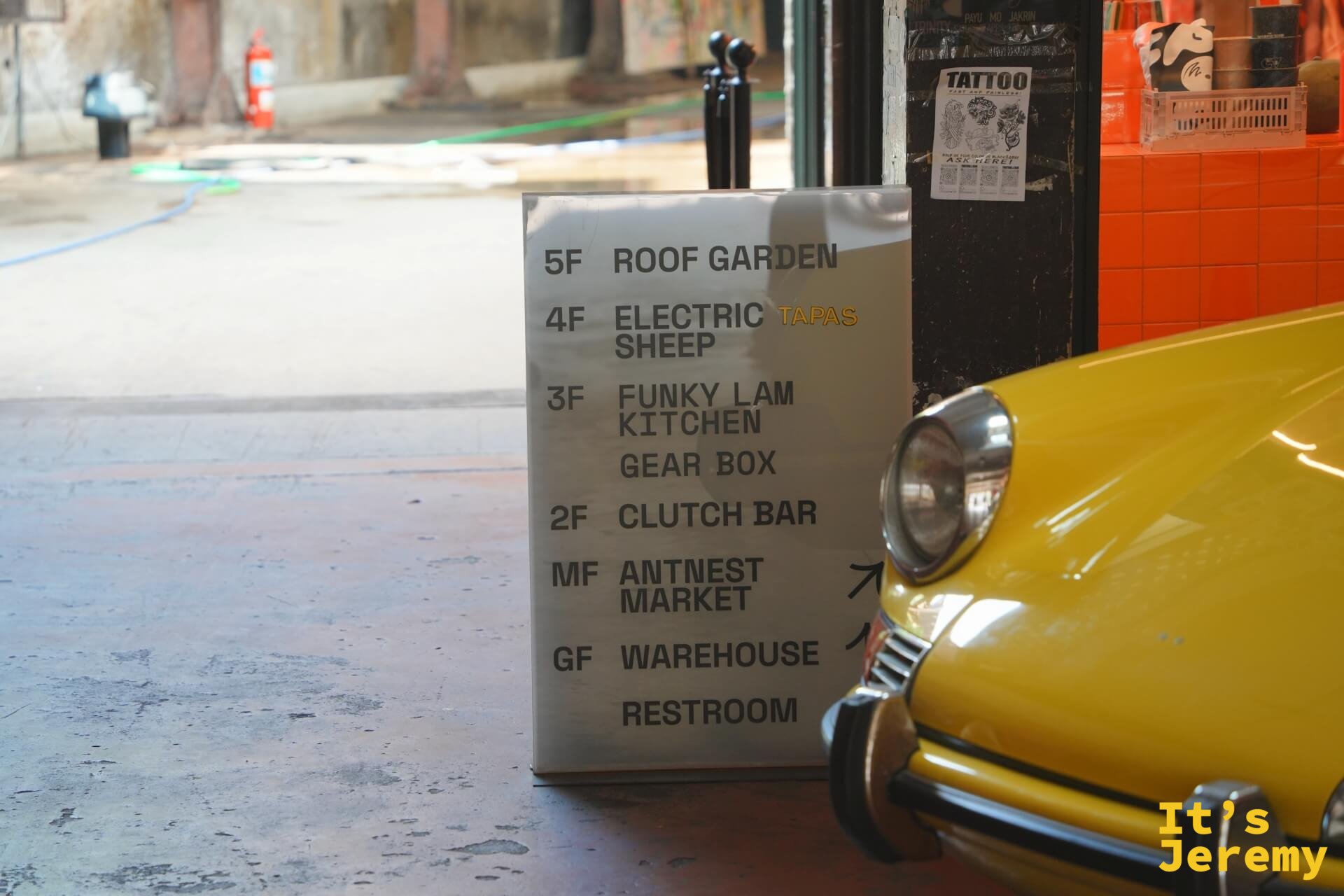 各樓層目錄標示板:GF WAREHOUSE、MF ANTNEST MARKET、2F CLUTCH BAR、3F FUNKY LAM KITCHEN、4F ELECTRIC SHEEP、5F ROOF GARDEN