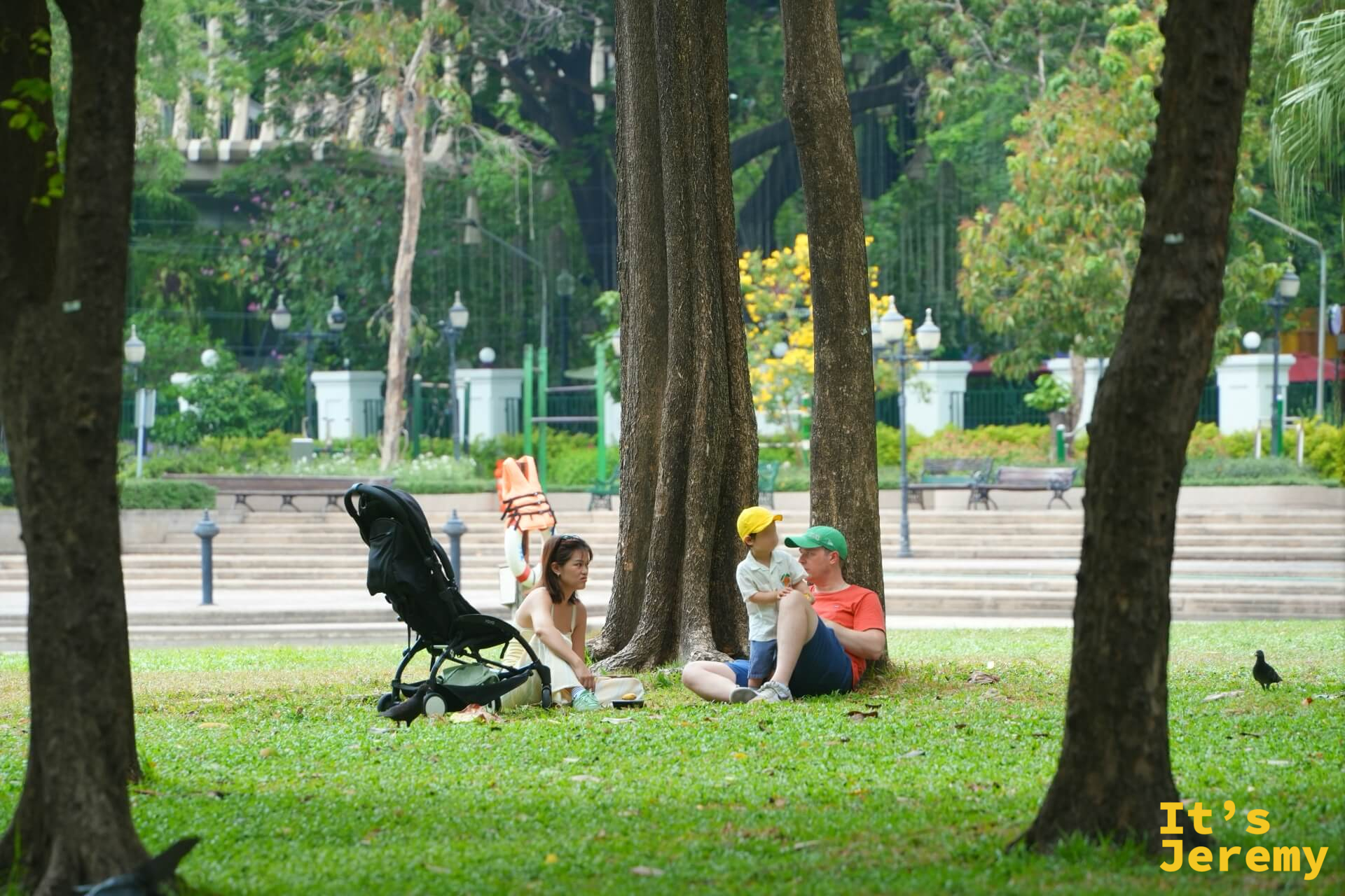 班哲希利公園,一對夫妻帶嬰兒車在大樹下草地旁休息,小孩坐在樹旁