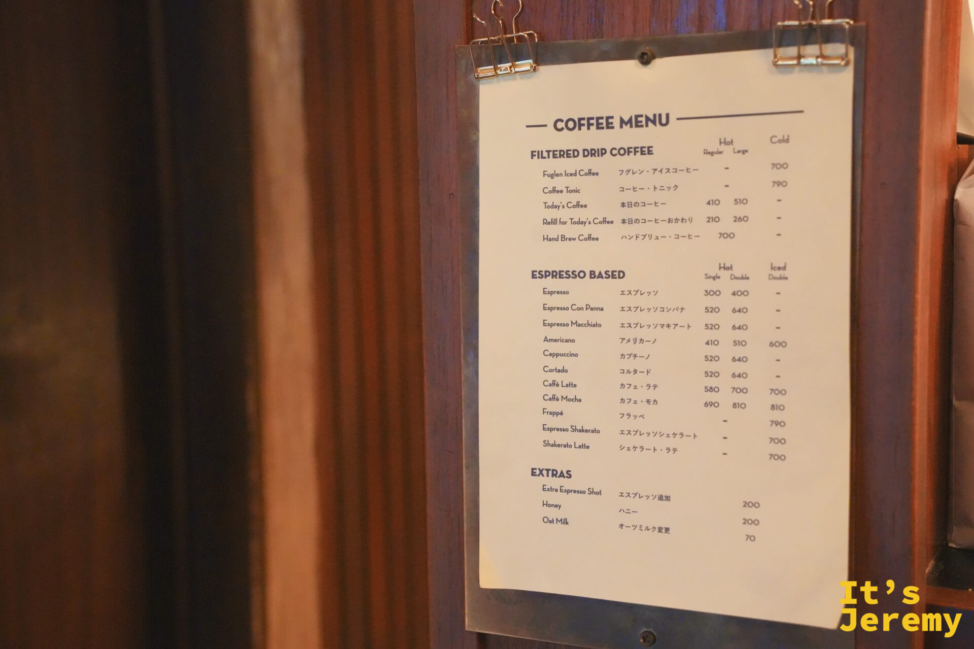 咖啡菜單,Filtered Drip Coffee 與 Espresso Based 品項完整,Iced Americano ¥600