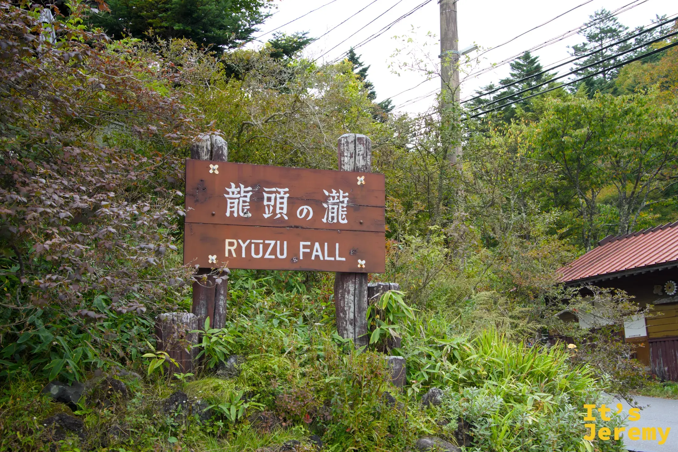 「龍頭の滝 RYUZU FALL」木牌立在瀑布入口，周圍是秋色植被
