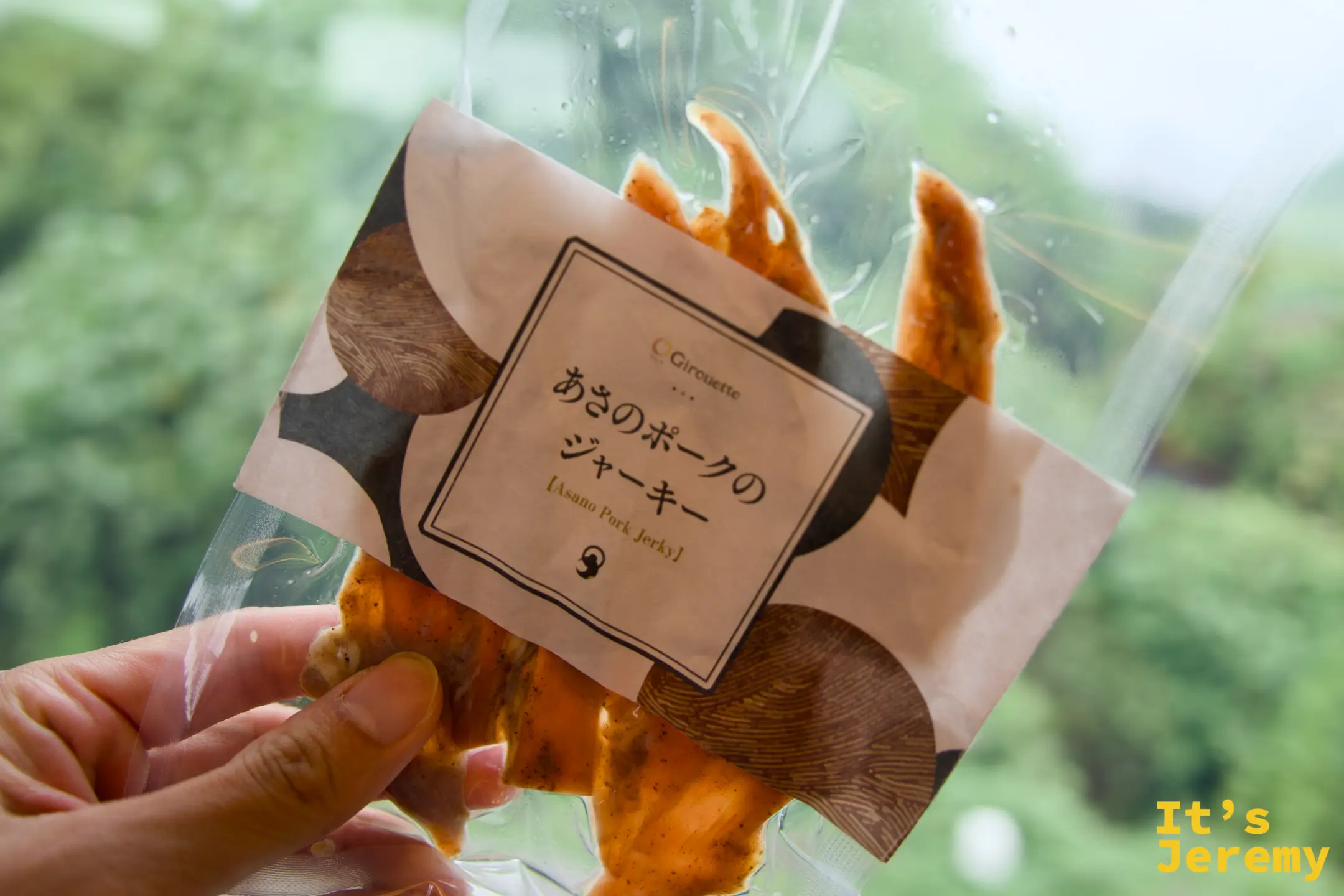 手持あさのポークのジャーキー（Asano Pork Jerky）包裝正面，窗外背景是綠色山林