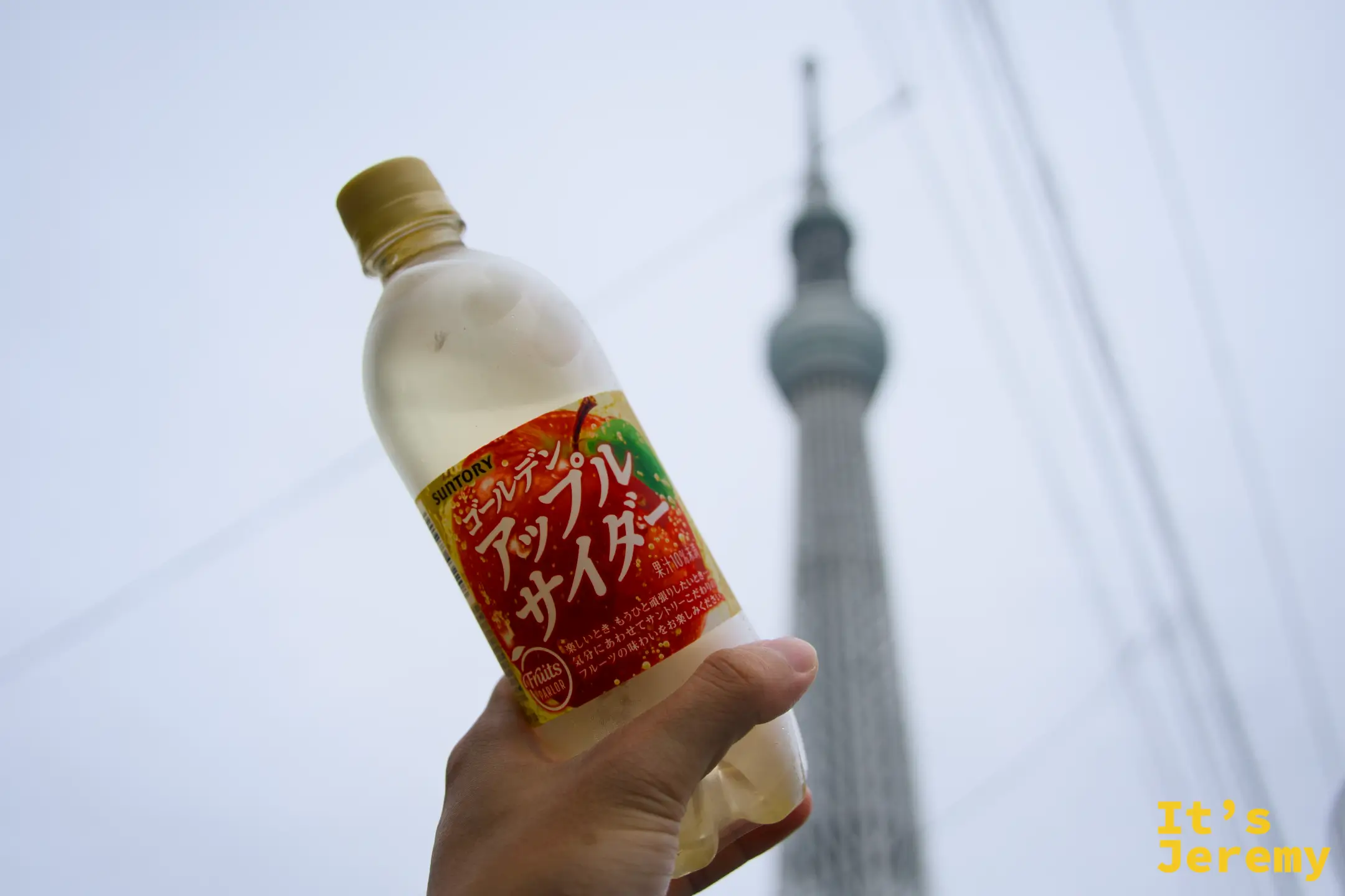 手持 Suntory 蘋果サイダー飲料瓶,背景是晴空塔塔身鋼骨結構,灰色天空烘托