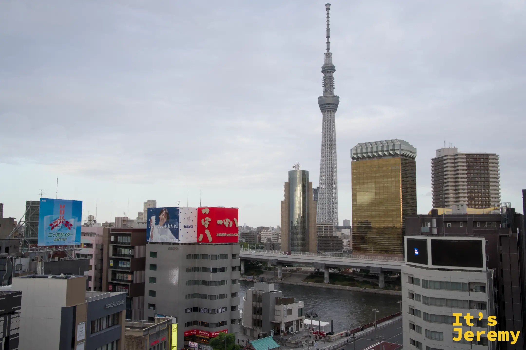從浅草高處俯瞰,隅田川穿過市區,東京晴空塔聳立於右側,Asahi 大廈金色外觀與浅草廣告牌同框