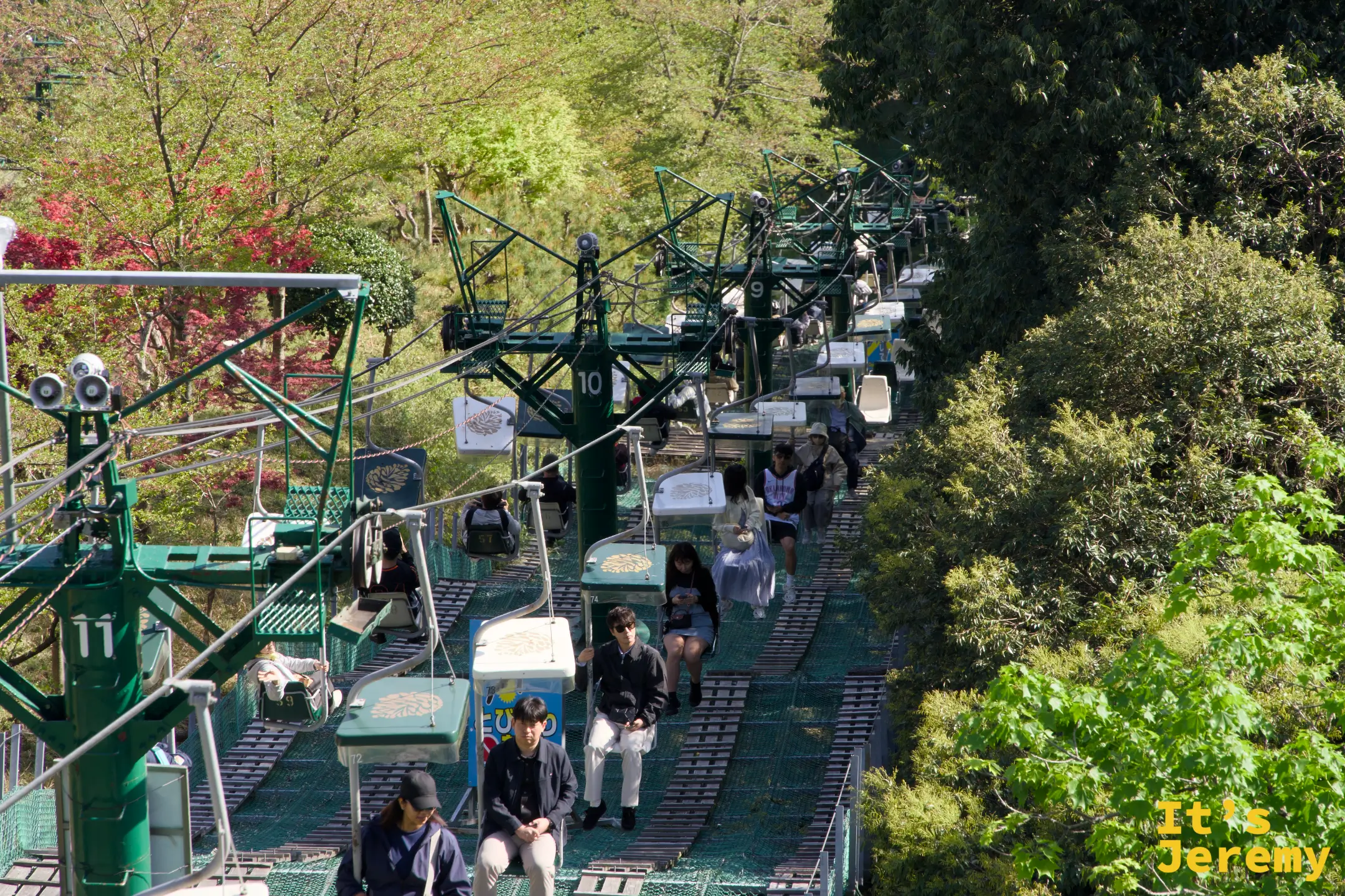 傘松公園リフトの搬器が連なる様子