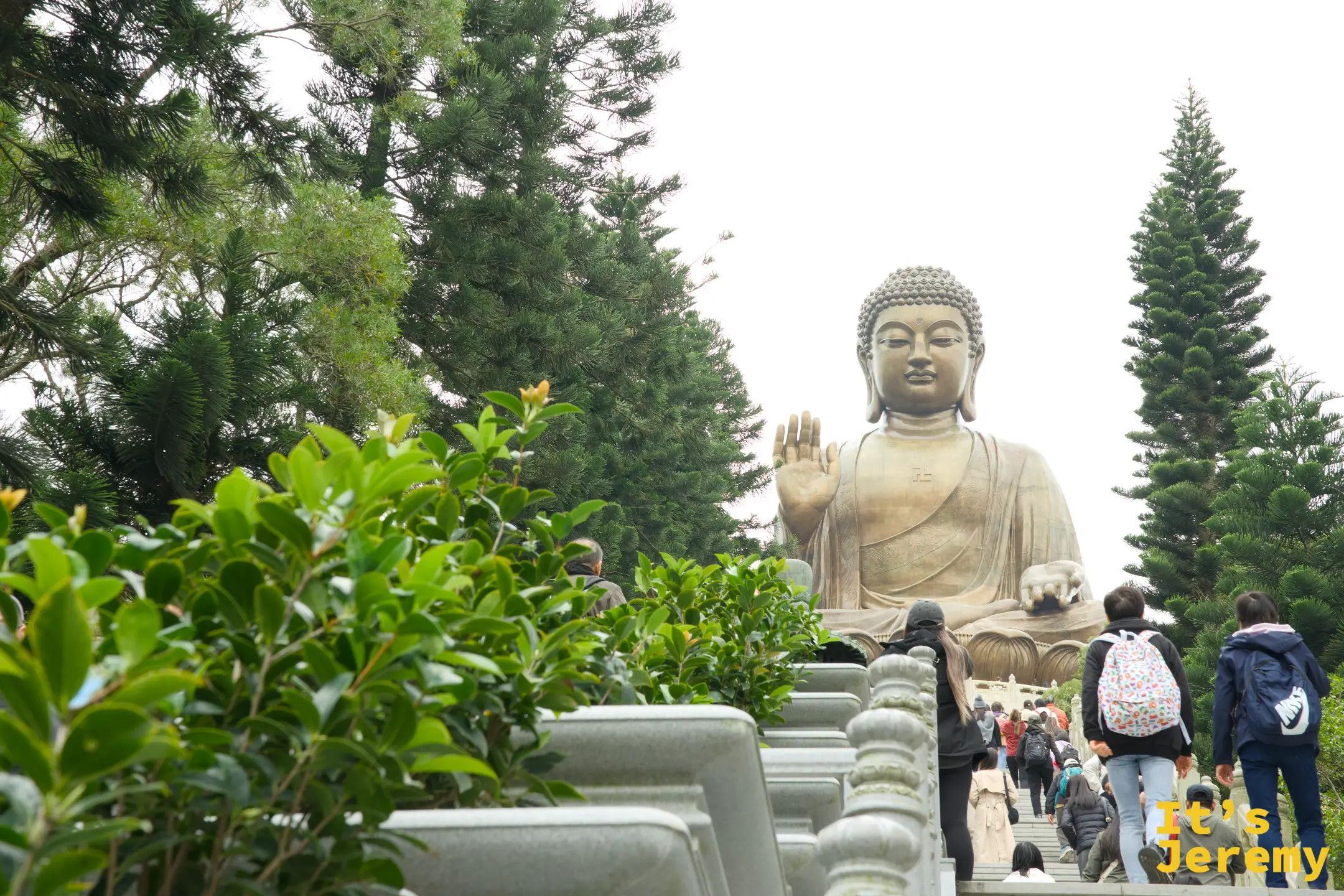 從石階中段仰望，天壇大佛的抬起右手與上半身浮現在階梯盡頭，遊客背著背包沿階而上，兩側是低矮灌木