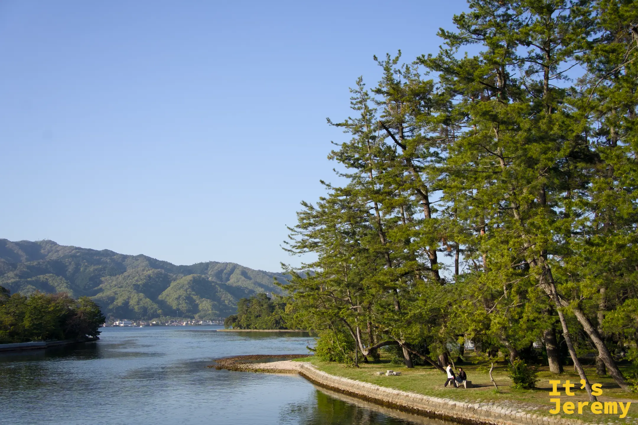 天橋立砂洲の松林の端、宮津湾、二人が草地に座る