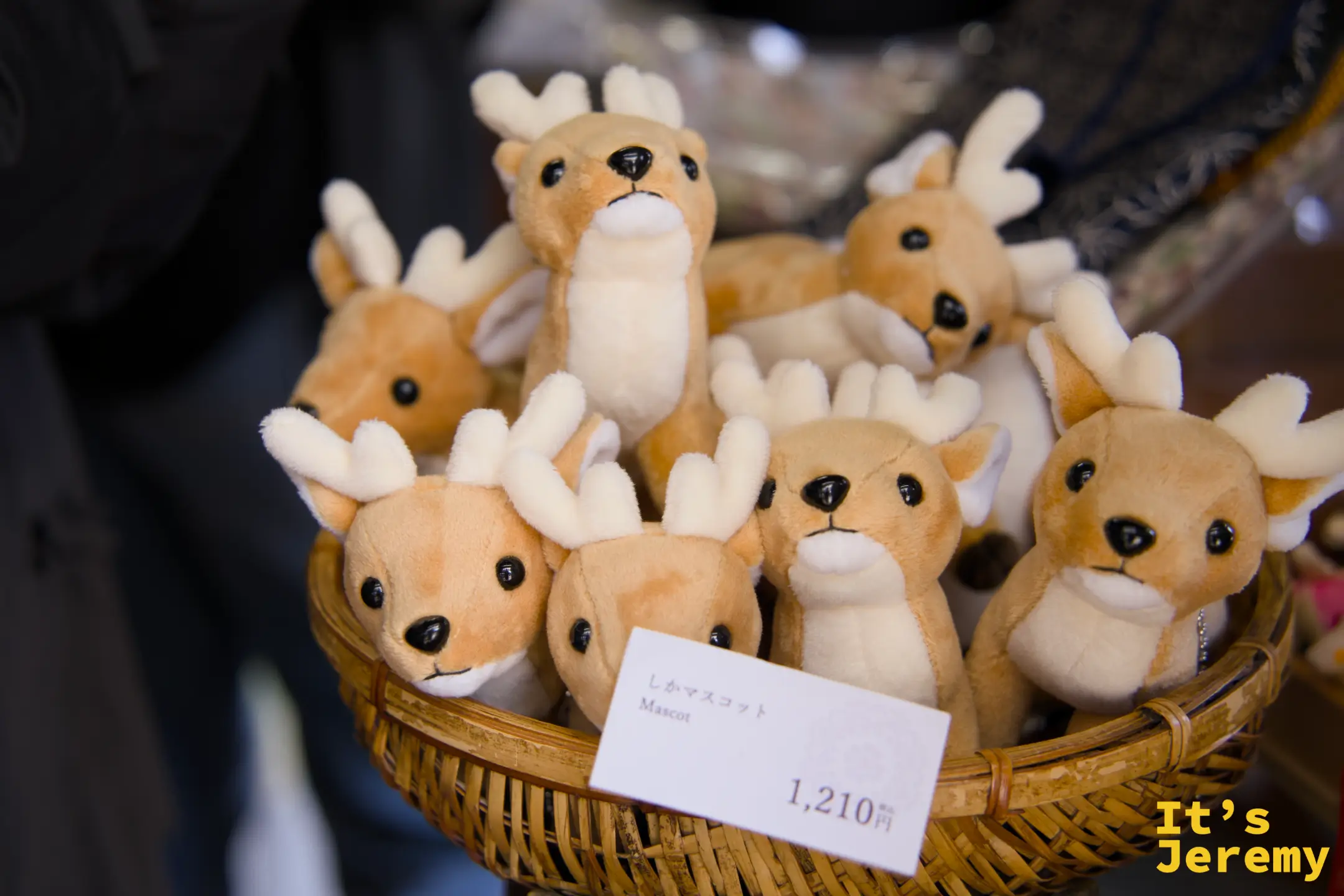 店內籃子裡陳列的鹿造型絨毛玩偶紀念品，標價 ¥1,210