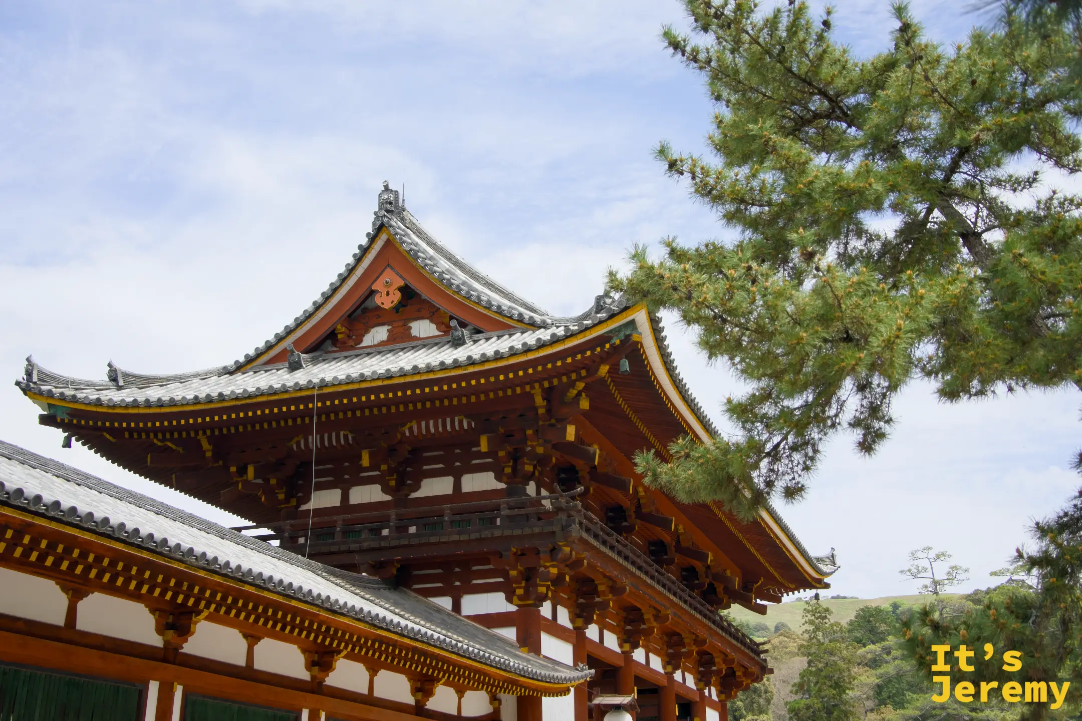 中門屋脊近拍，重層屋頂結構