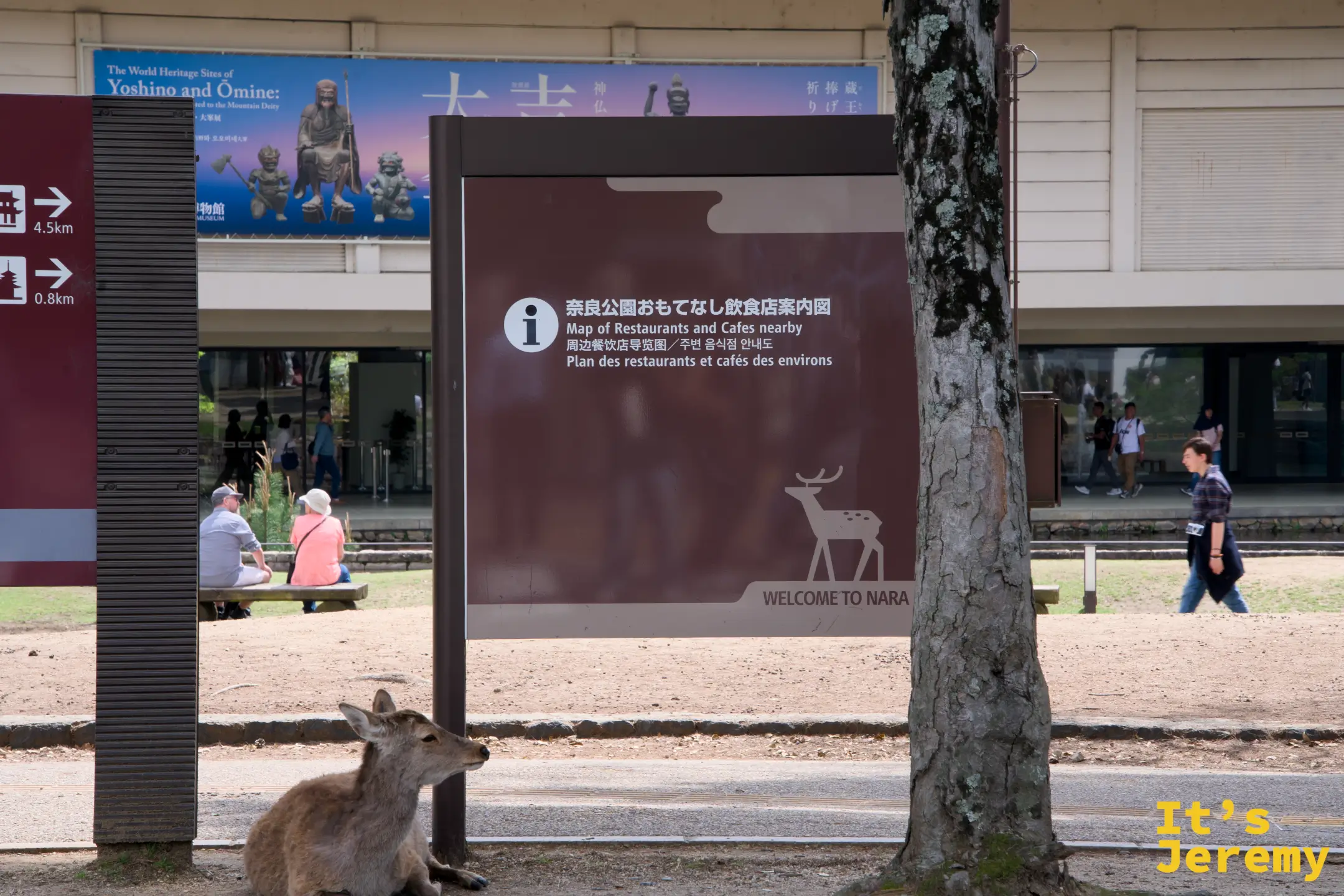 小鹿坐在「Welcome to Nara」公園導覽標牌旁