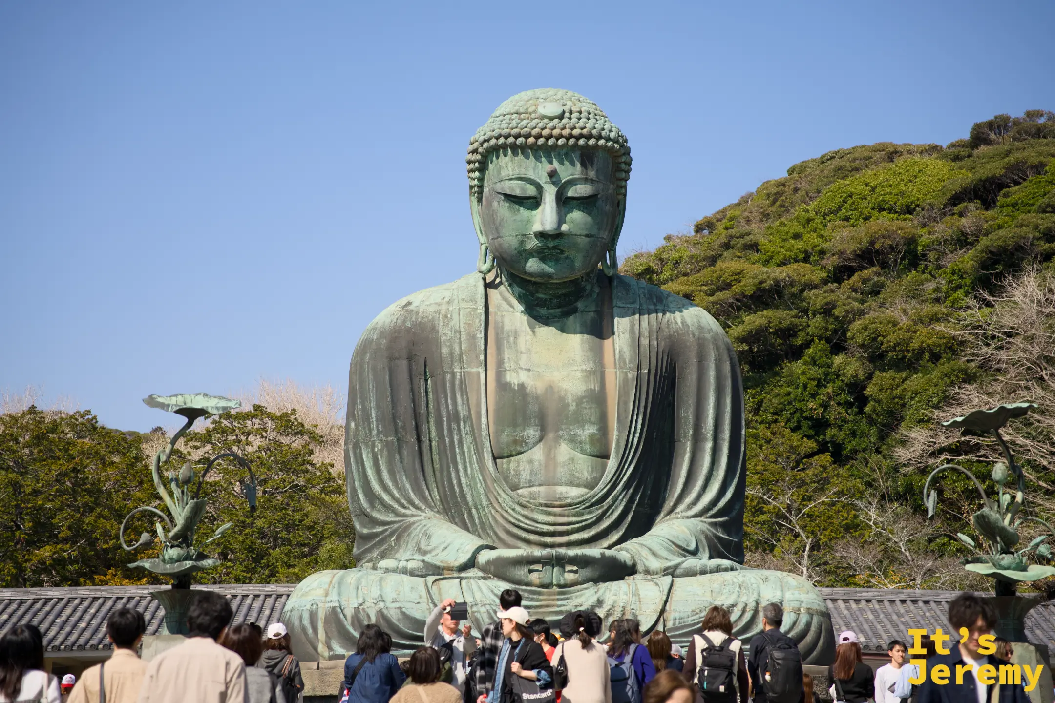 大佛中景正視：衣紋飄逸可辨，背後山坡林木蔥翠，左右小型青銅蓮花燈籠清晰可見