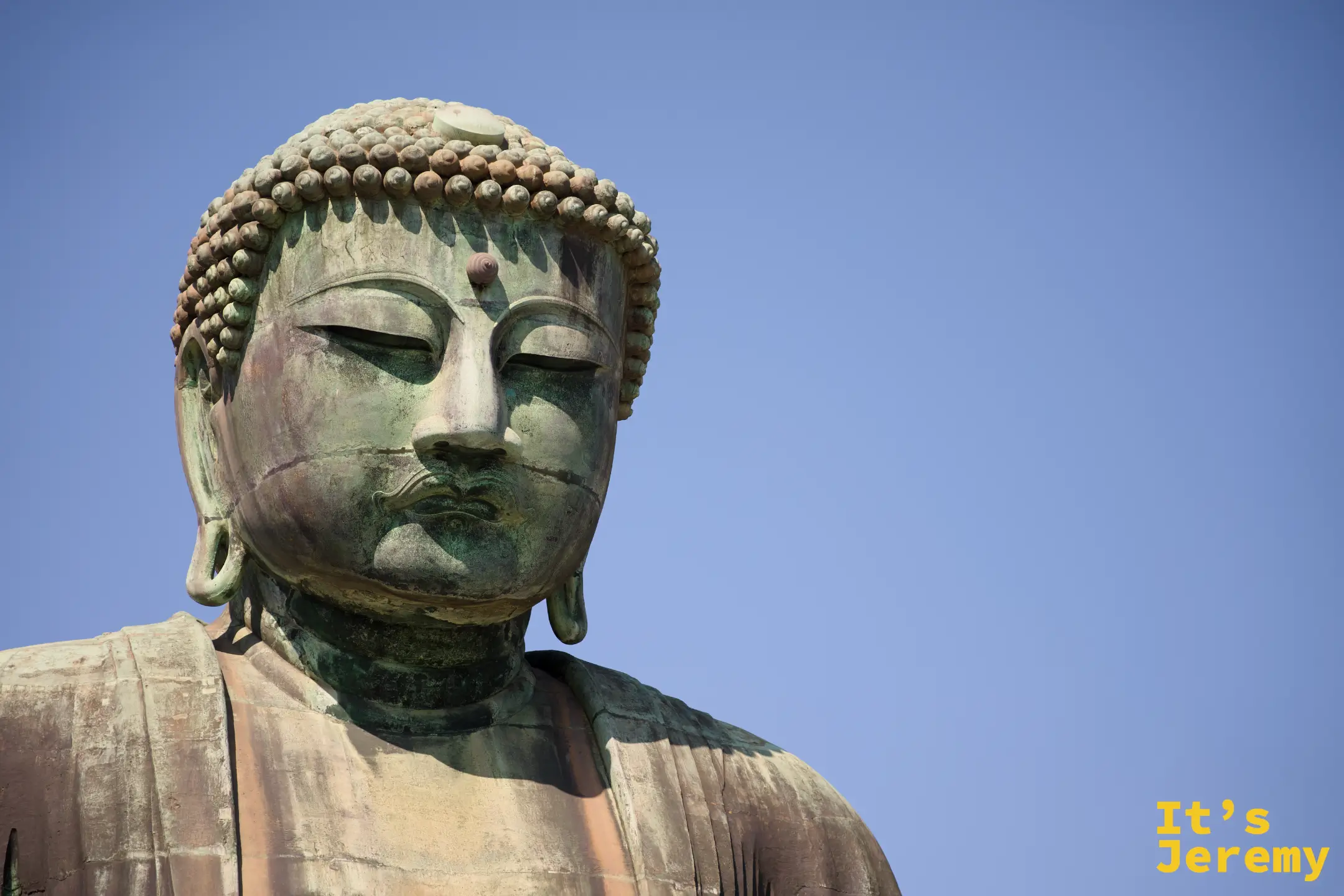 大佛臉部特寫：銅綠底色帶金黃，額間白毫圓球清晰可辨，眼皮半垂帶一種難以言說的靜定