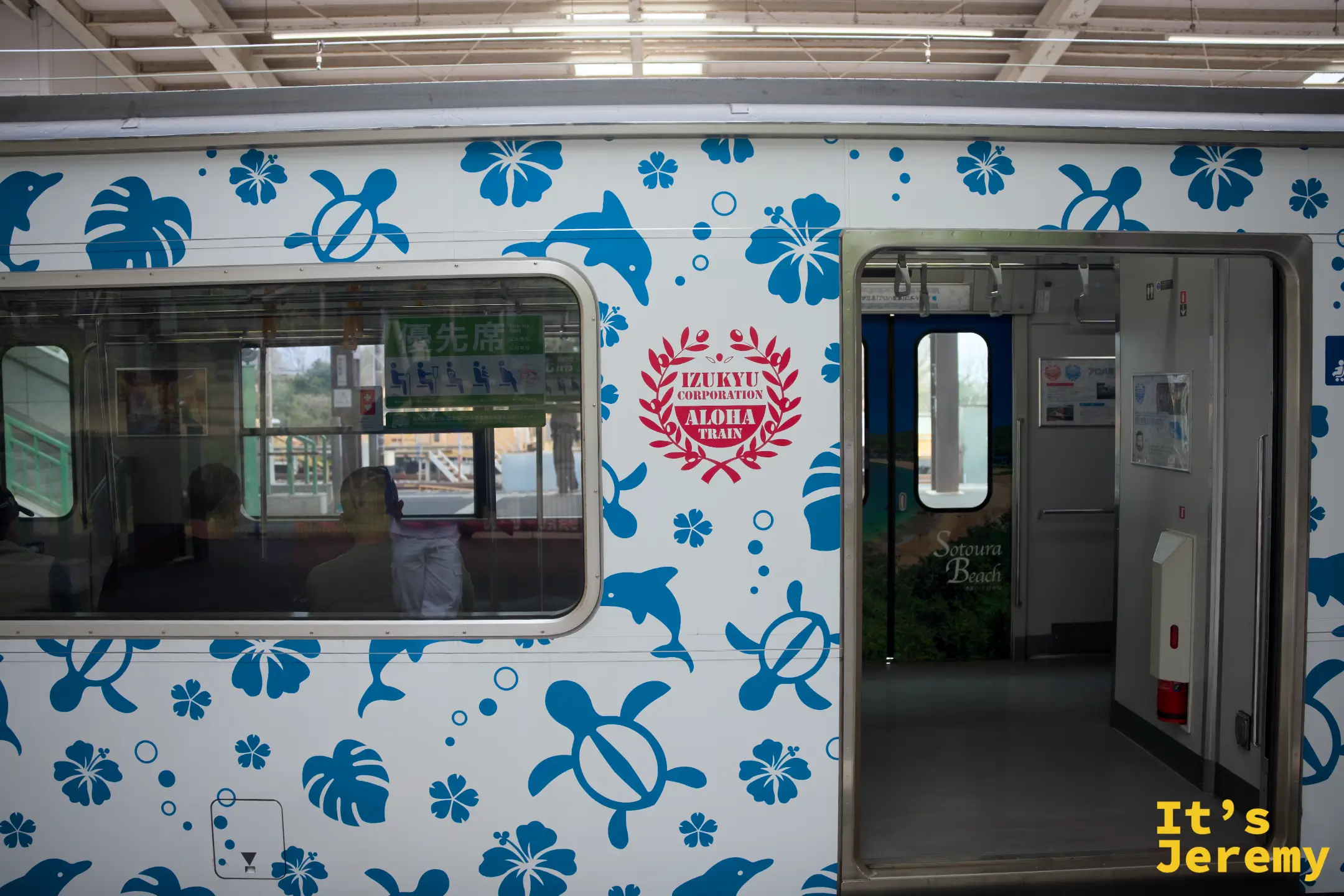 伊豆急行 Aloha Train 車身，印有藍色海龜和芙蓉花圖案