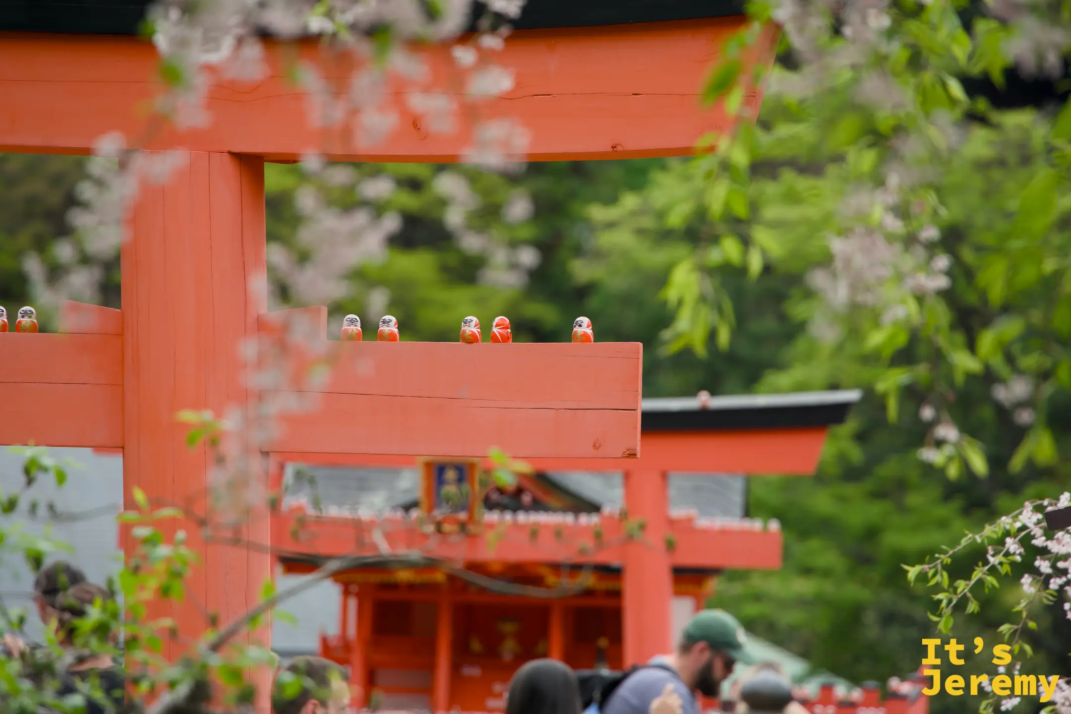 鳥居通道，橫樑上有幾個小達摩靜靜坐著
