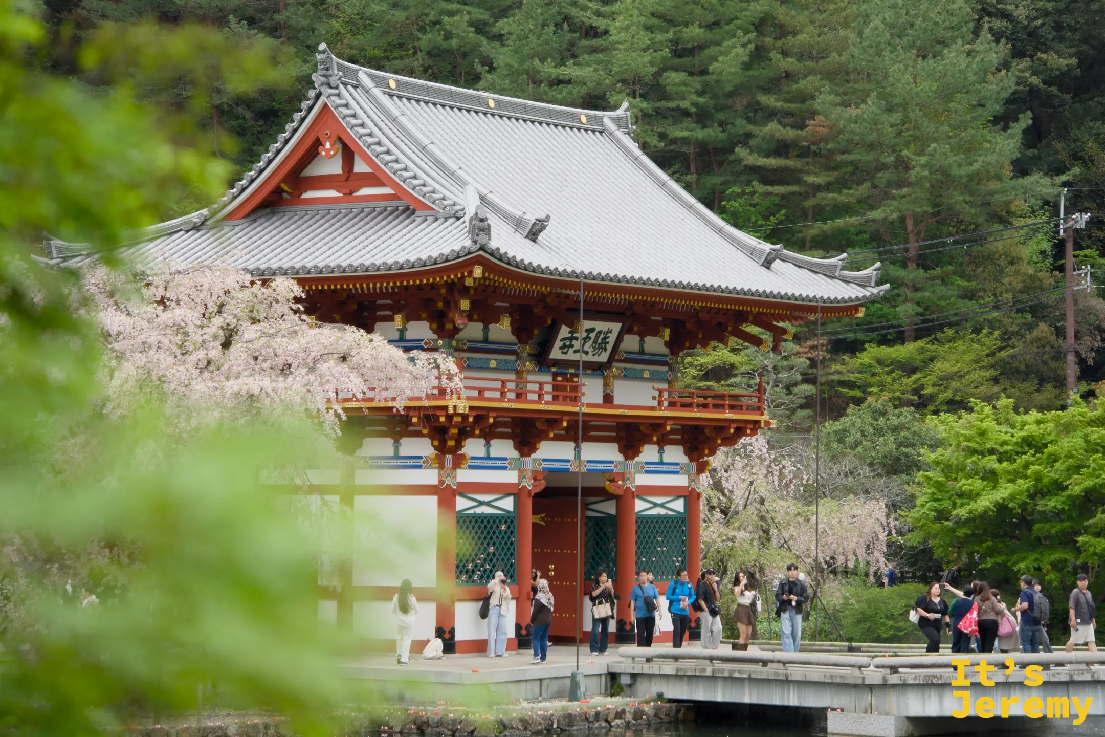 主殿與山景，春花點綴其間