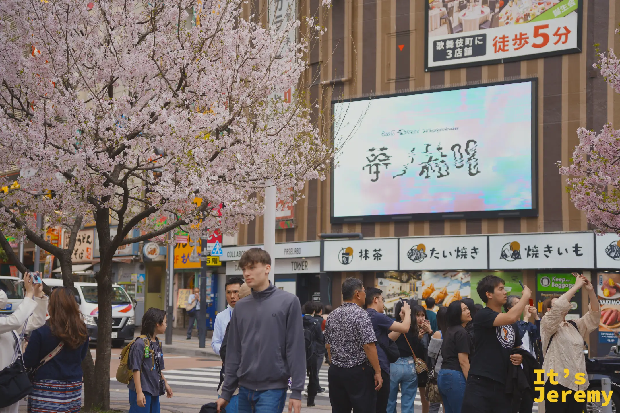 新宿站附近的商業街，人群聚在幾棵滿開的染井吉野下，背景招牌寫著「夢大競進」，小吃攤的旗幡在樹下飄著