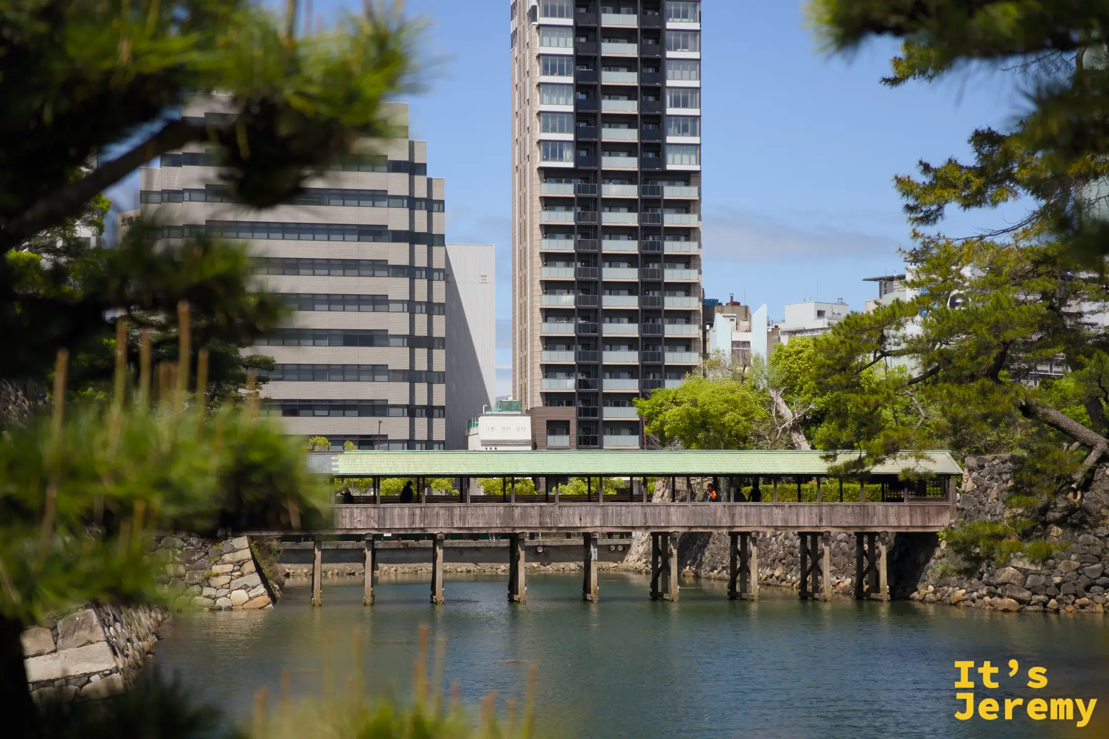 從公園外側回望鞘橋，古老木橋與後方現代高層大樓形成百年反差