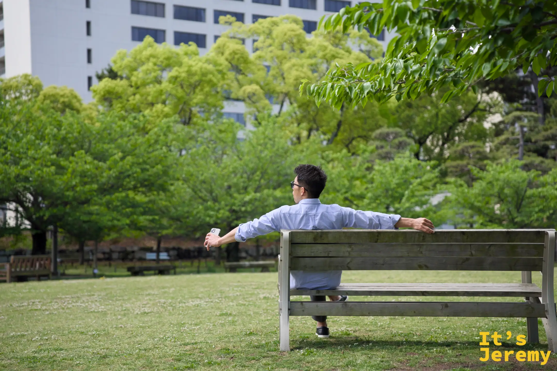 一個人坐在公園長椅上看向樹林，初夏的綠意把城市的噪音隔在了外面