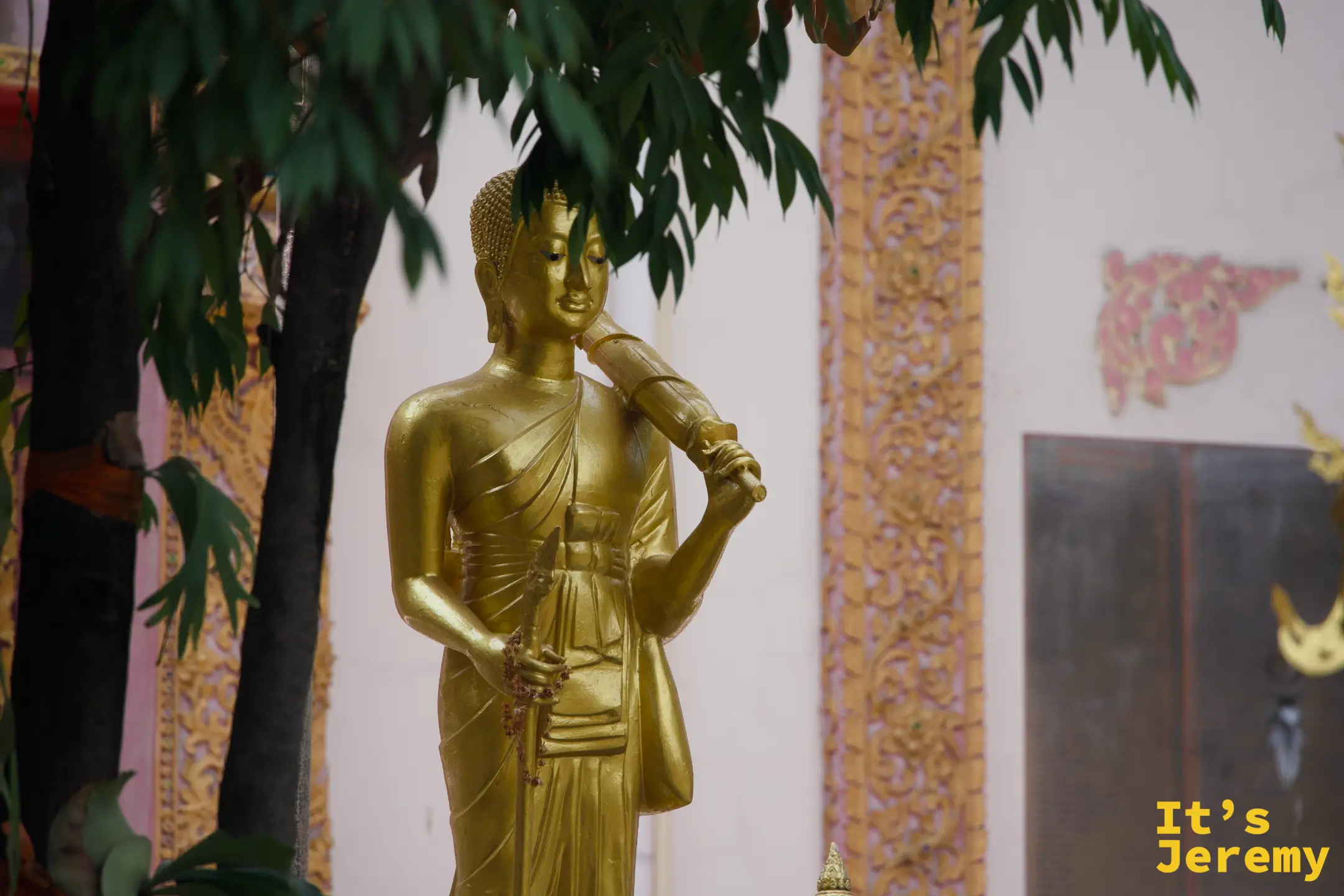 金色立佛持錫杖，站立於白色廟牆前，樹葉在頭頂形成自然背景