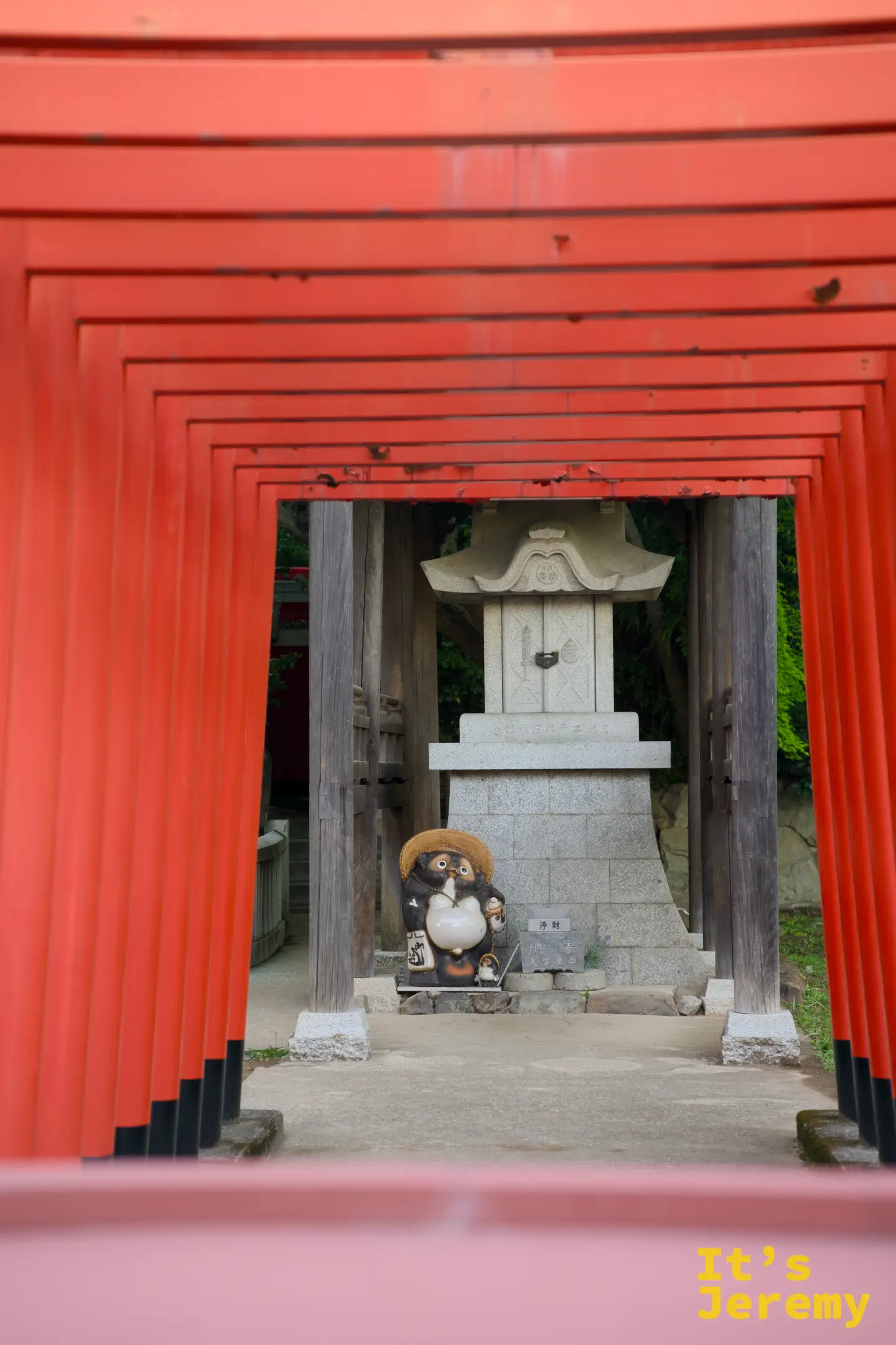 紅色鳥居連成通道，裡頭供著一隻陶瓷狸貓，旁邊是石燈籠和「浮財」木牌，光線幽靜