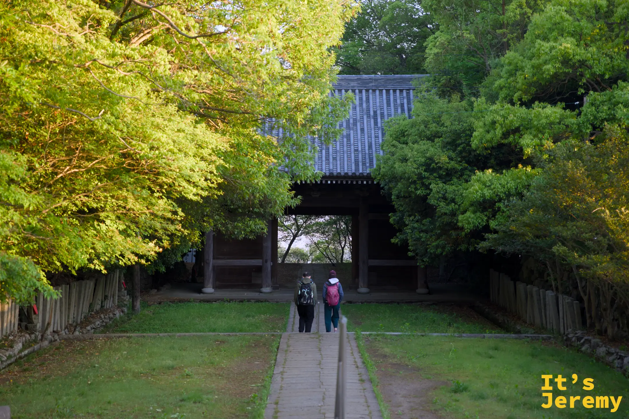 屋島寺山門另一角度，草地修剪整齊，石板路對稱，山門在兩側樹木框成的天地間佇立