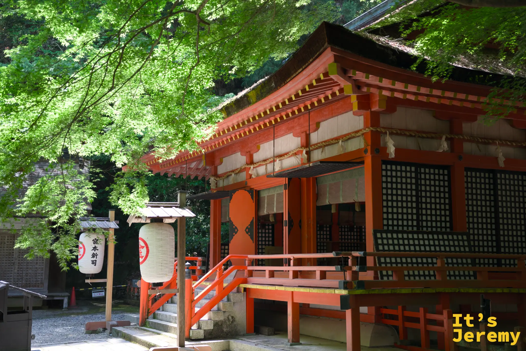 白峰神社正面，朱紅色木造建築在周圍嫩綠楓葉中格外鮮豔，燈籠懸掛在一側