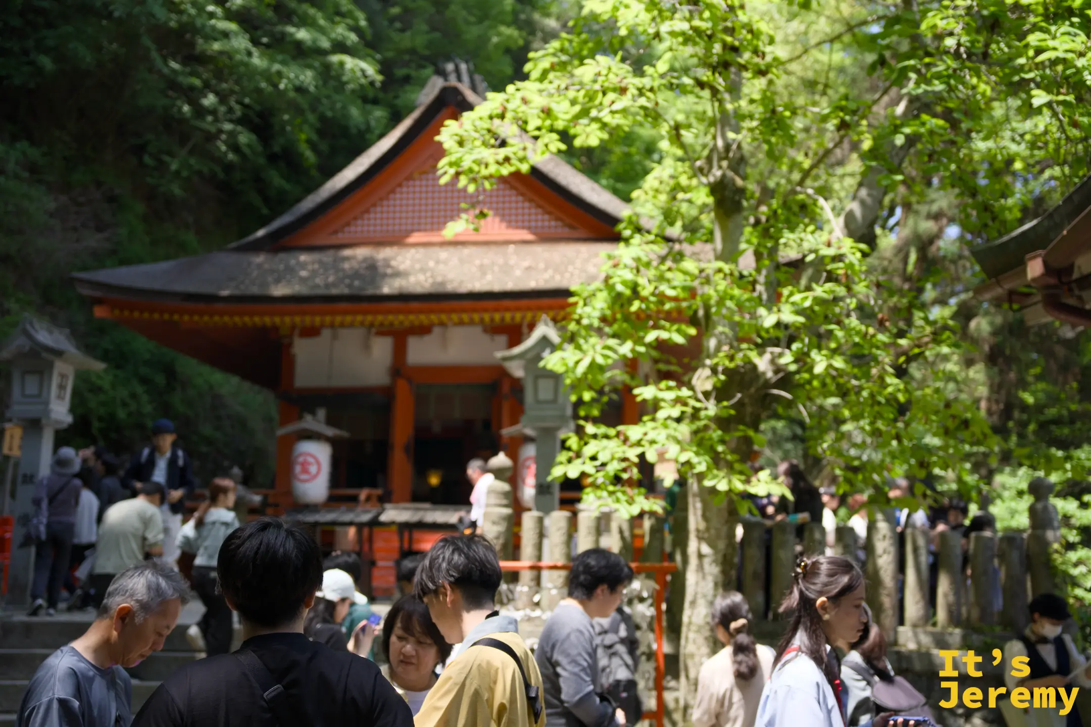 厳魂神社全景第二角度，從石階往下望，遊客和燈籠散布在廣場中，紅色建築掩映在綠樹間